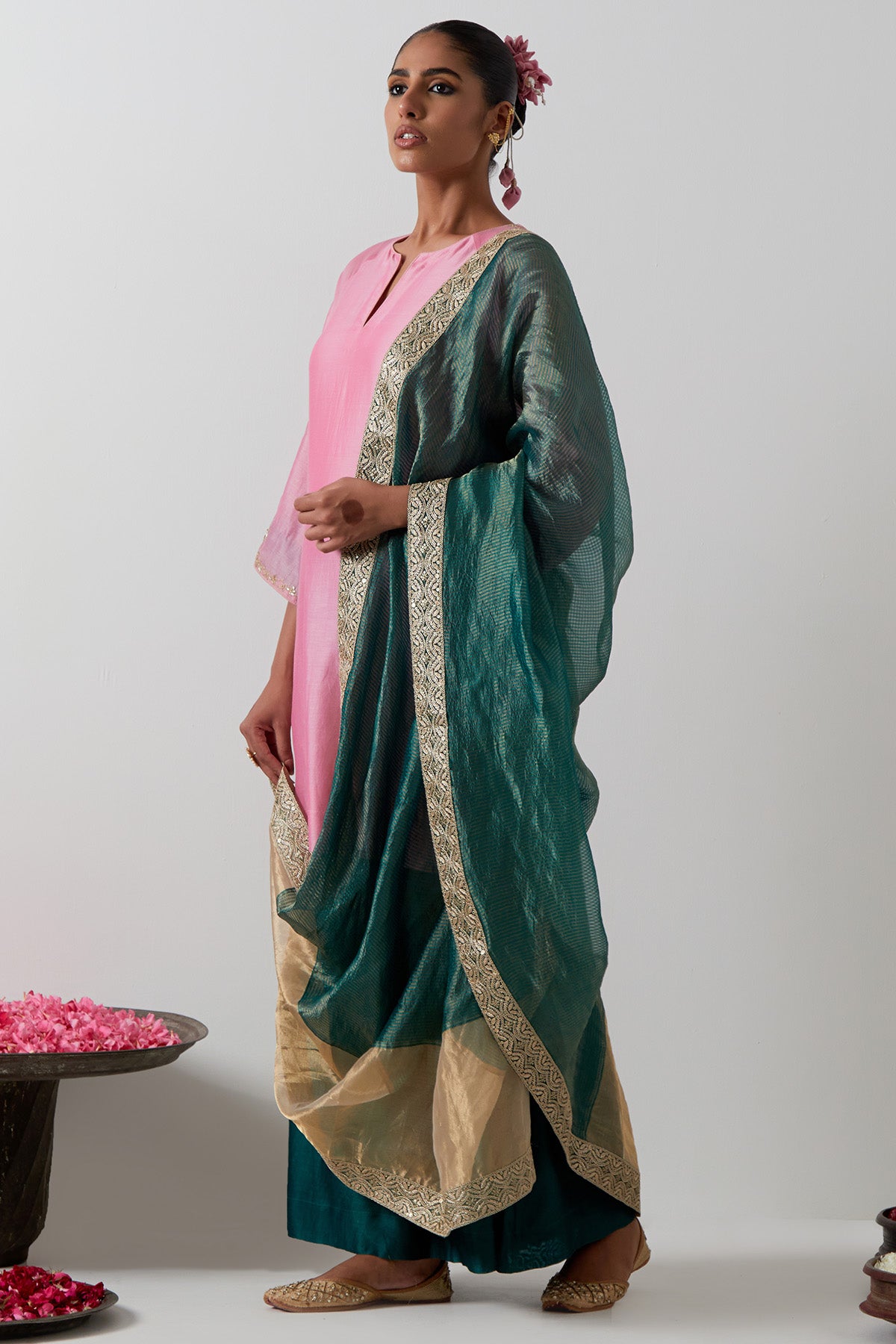 Pink & Green Chanderi Kurta Set