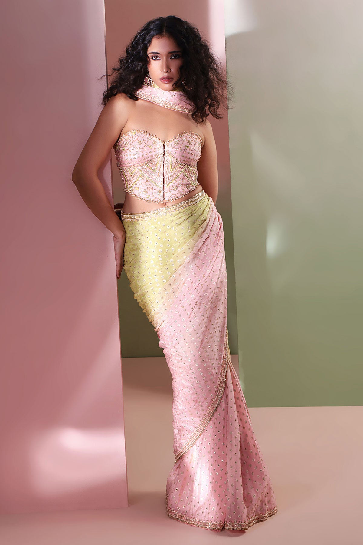 Pink & Green Chanderi Saree Set