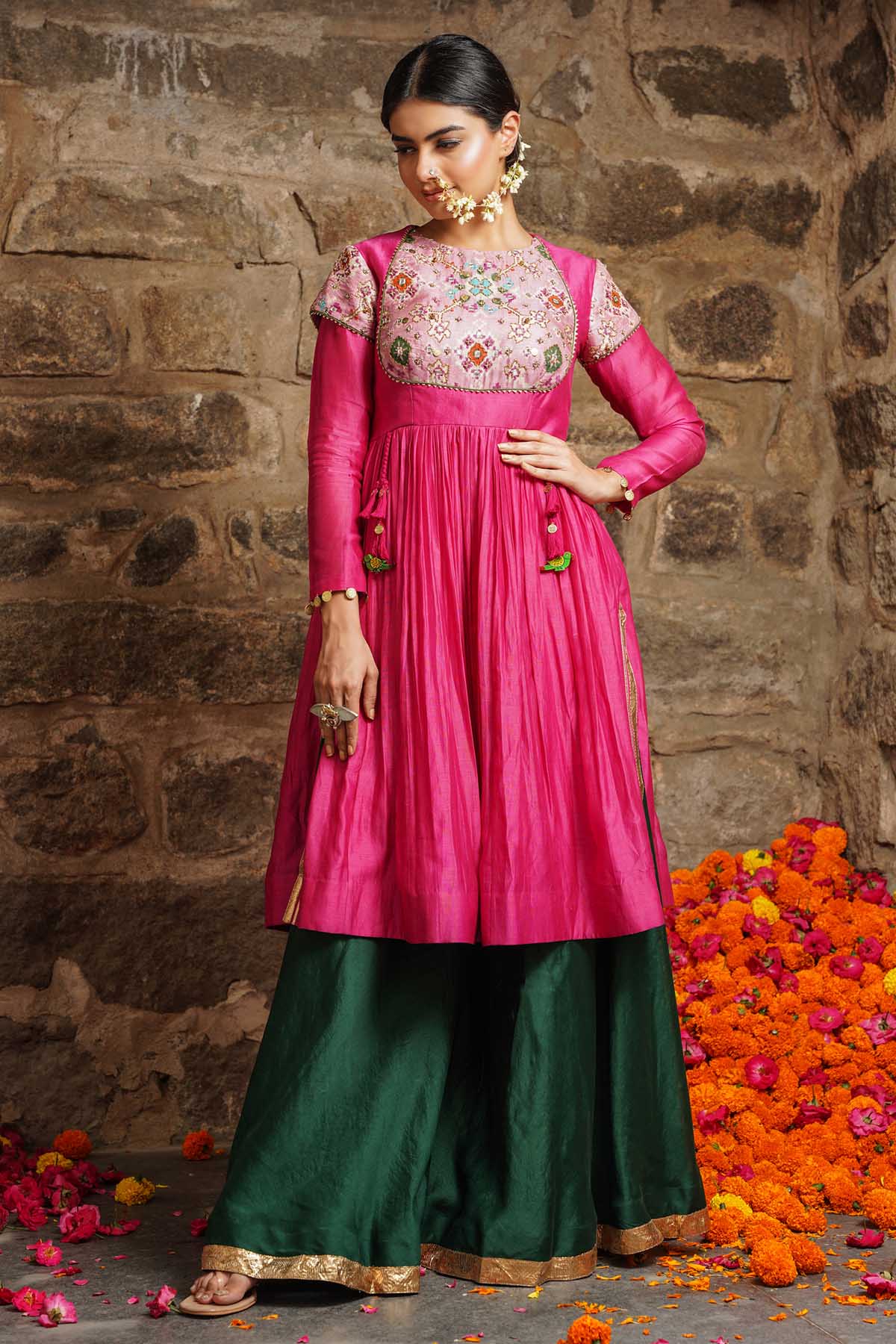 Seharre Pink Green Chanderi Sharara Set for women online at ScrollnShops