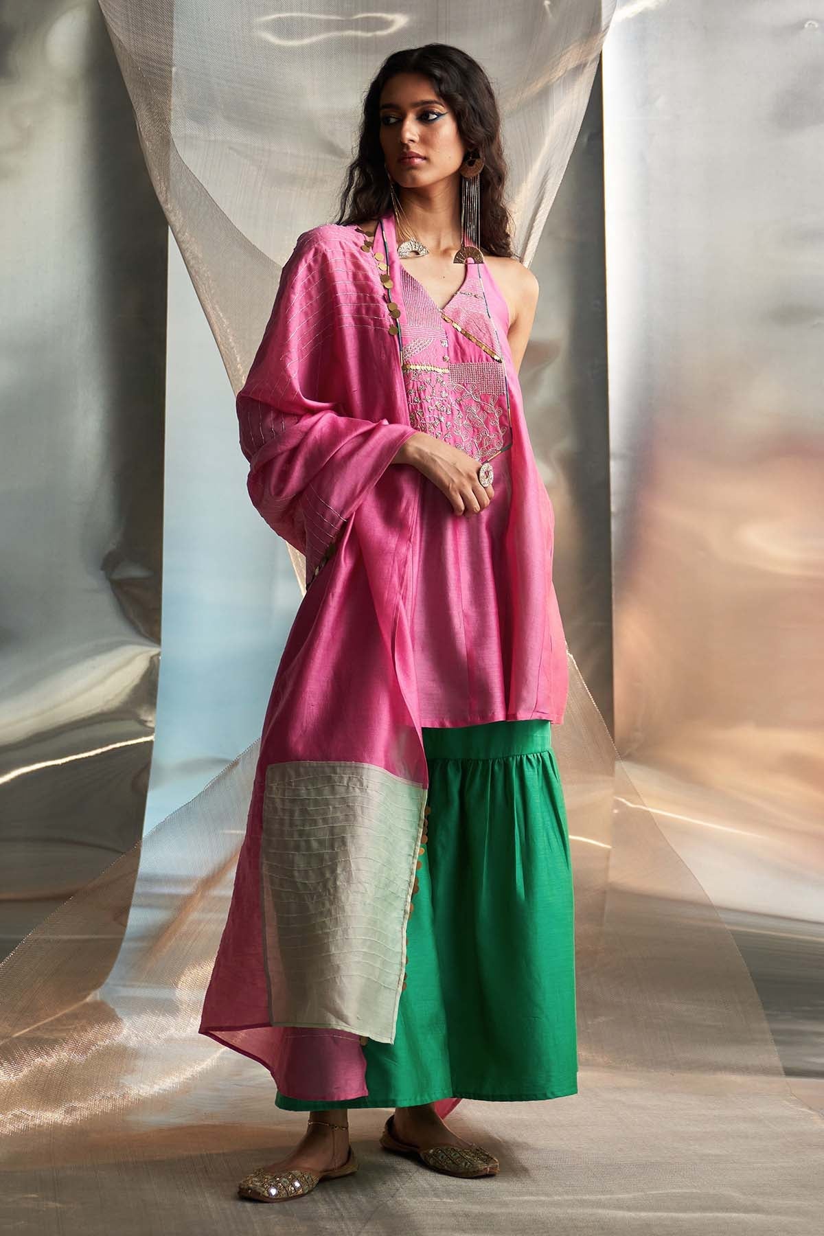 Buy Pink & Green Flared Kurta Set by Charkhee Misr for women online at ScrollnShops