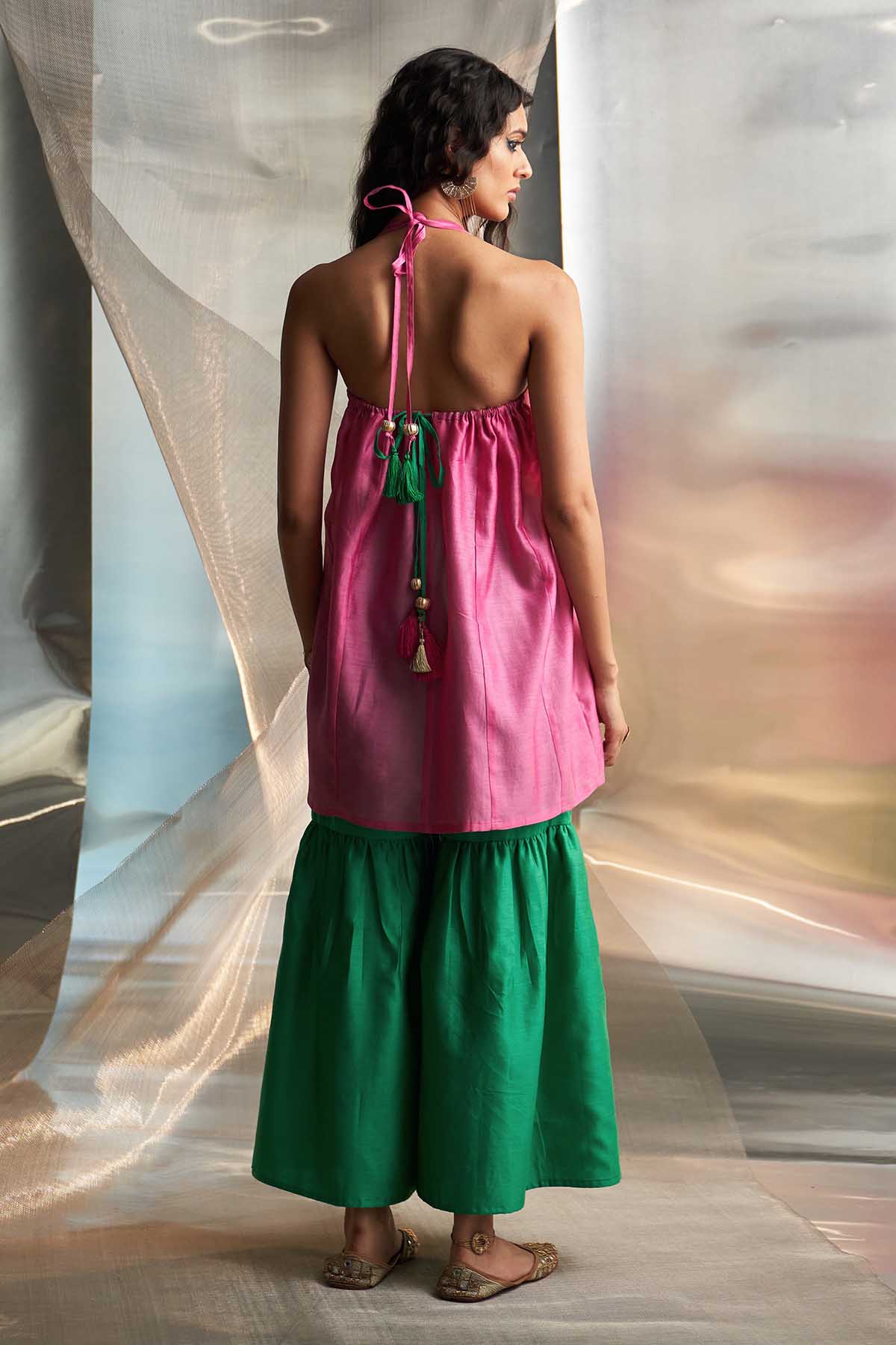 Pink & Green Flared Kurta Set