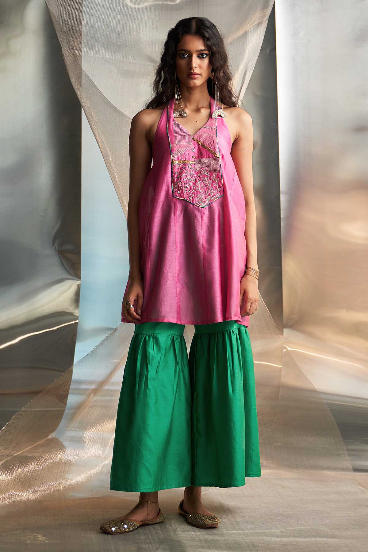 Pink & Green Flared Kurta Set