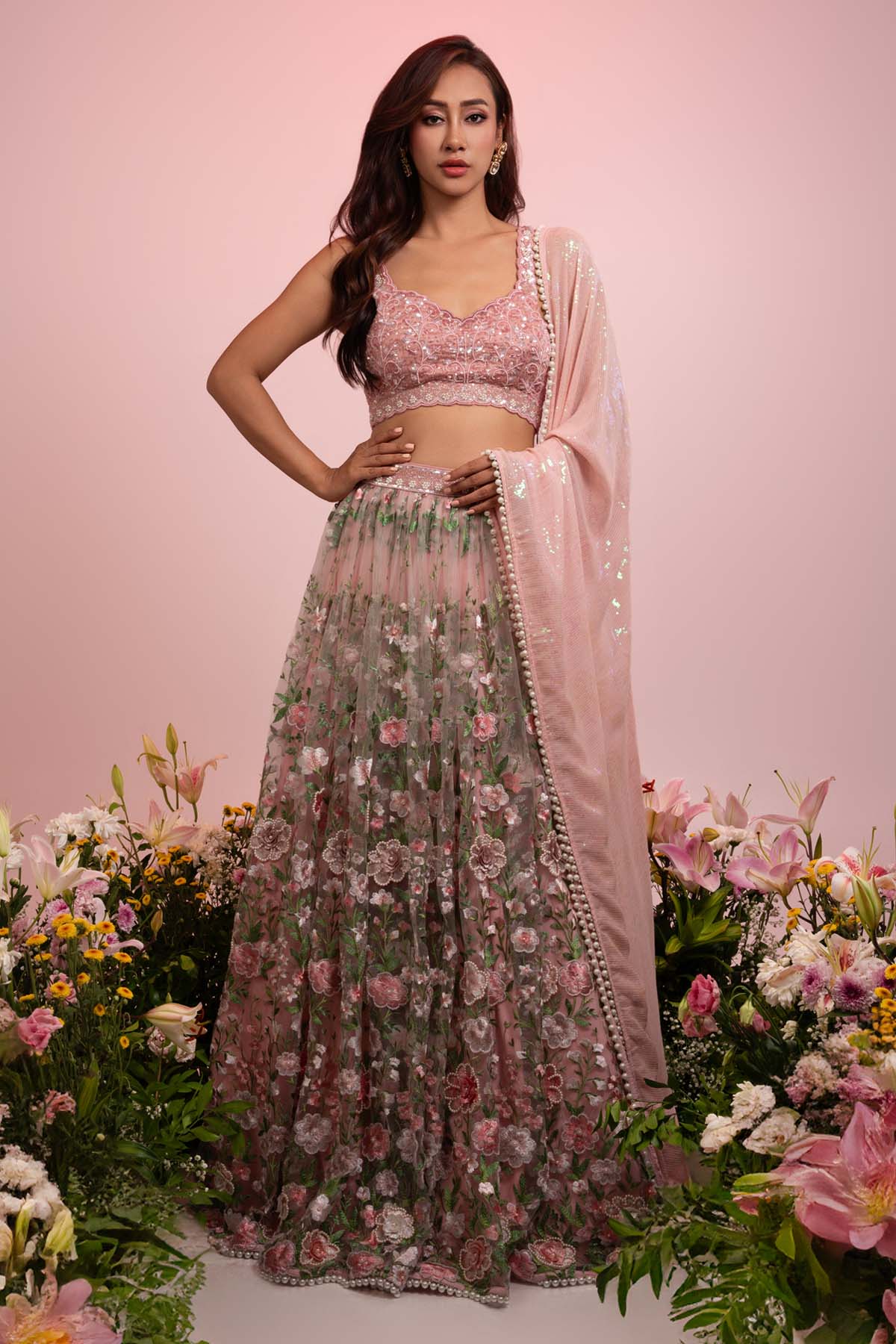 Priyanka Kar Pink & Green Floral Lehenga Set for women online at ScrollnShops