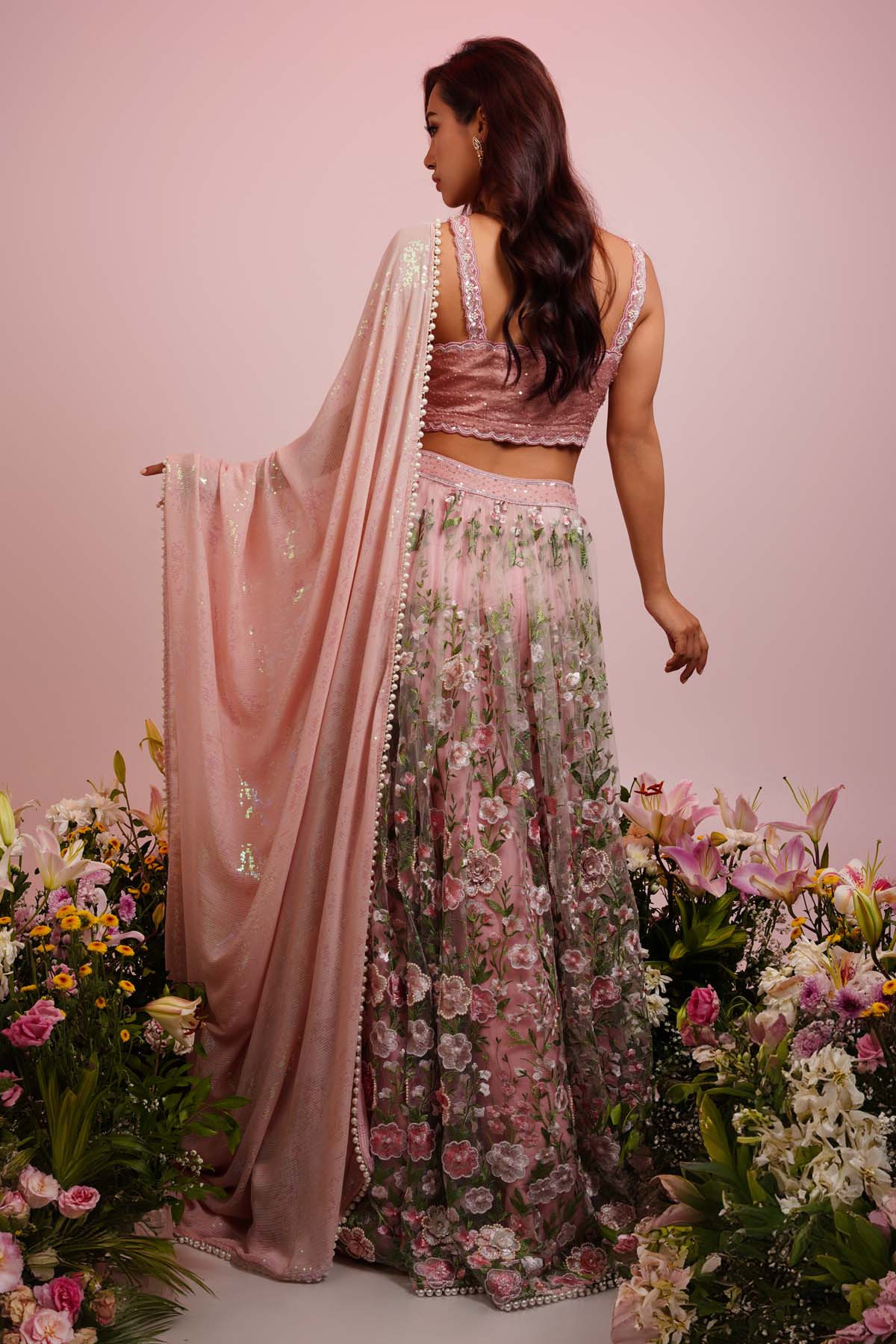 Pink & Green Floral Lehenga Set