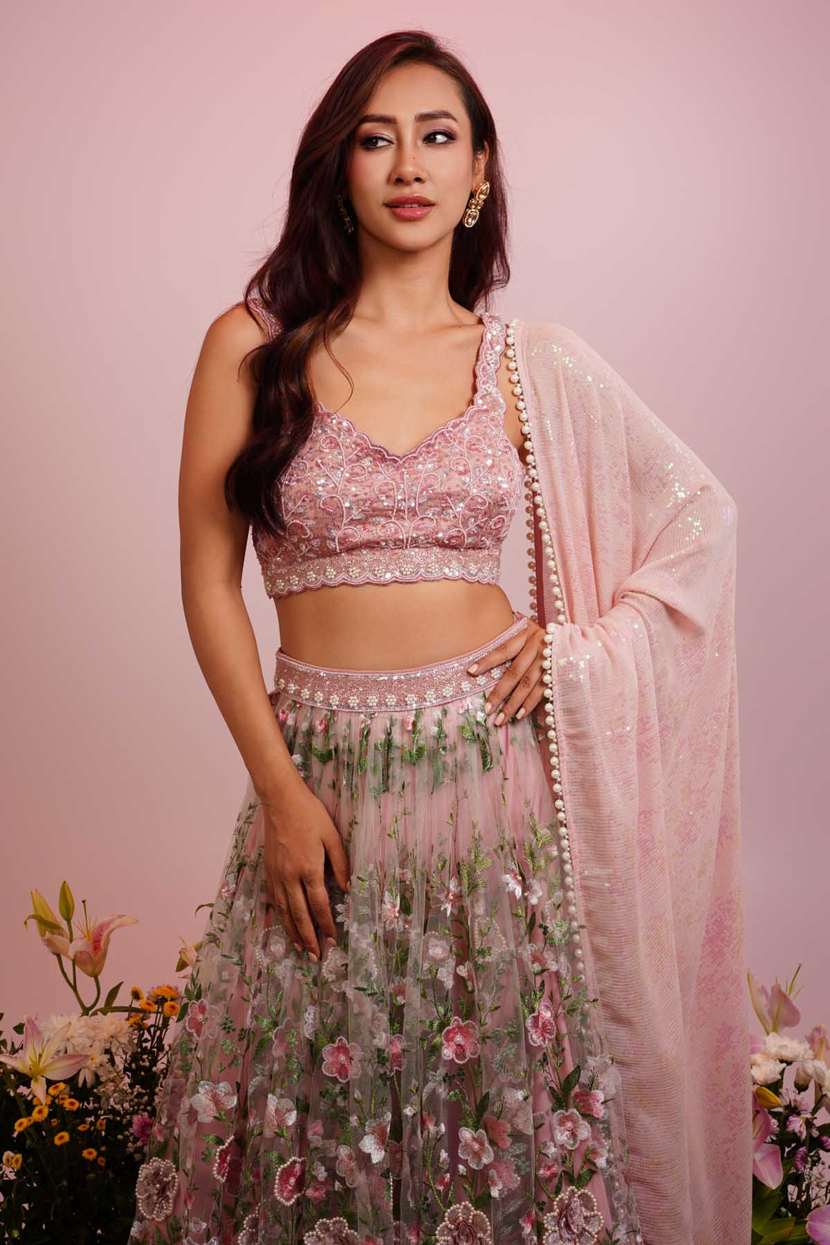 Pink & Green Floral Lehenga Set