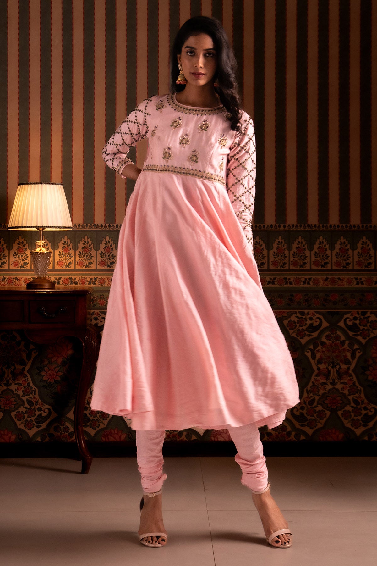 Pink & Green Silk Anarkali Set