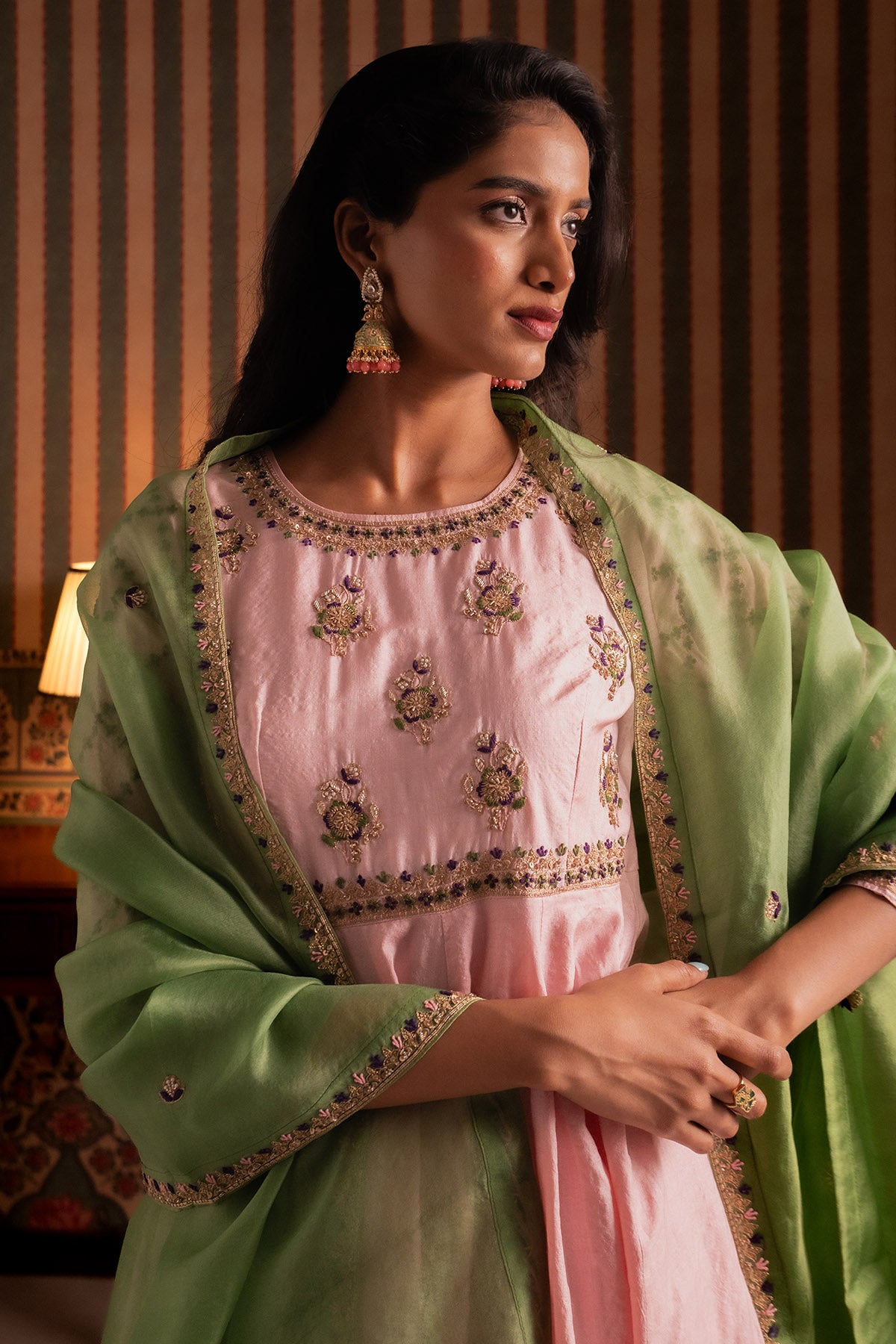Pink & Green Silk Anarkali Set