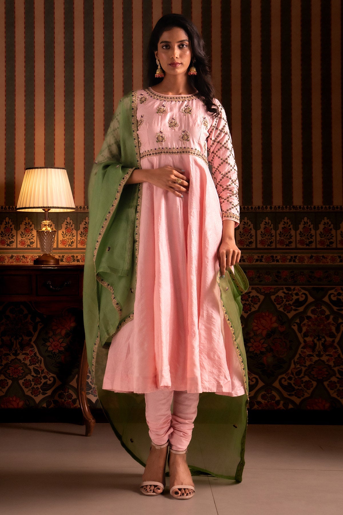 Buy Pink & Green Silk Anarkali Set for women by Aavya online available at scrollnshops