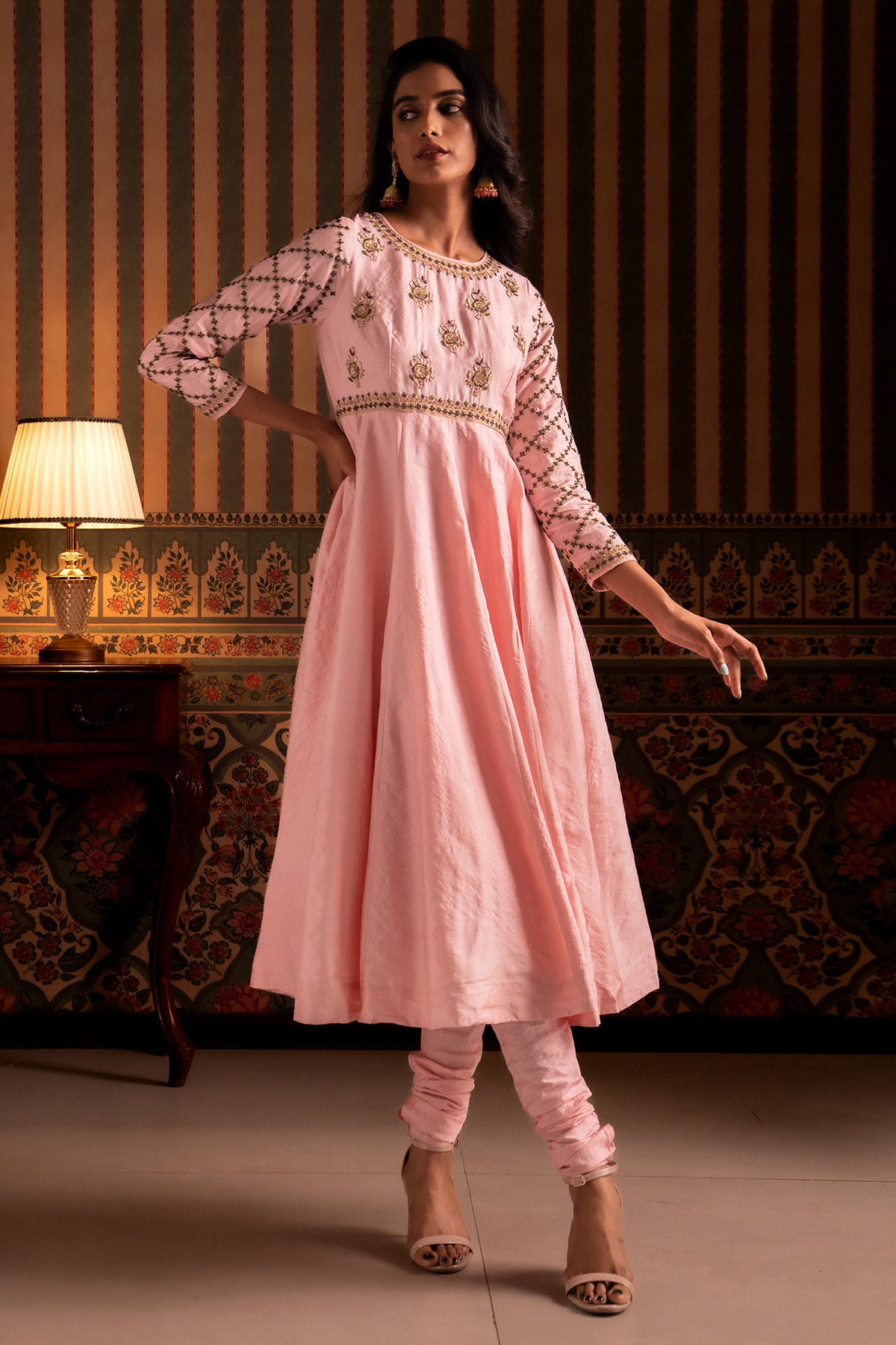 Pink & Green Silk Anarkali Set