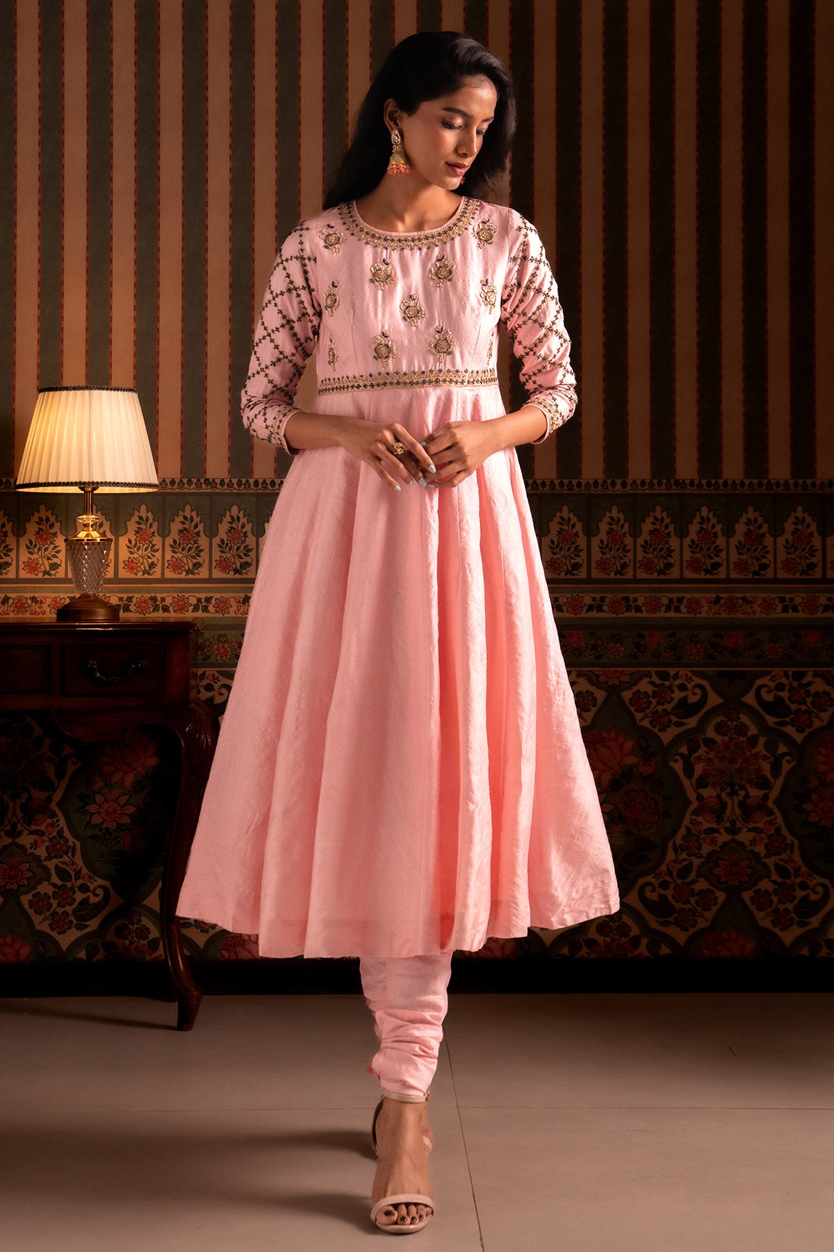 Pink & Green Silk Anarkali Set