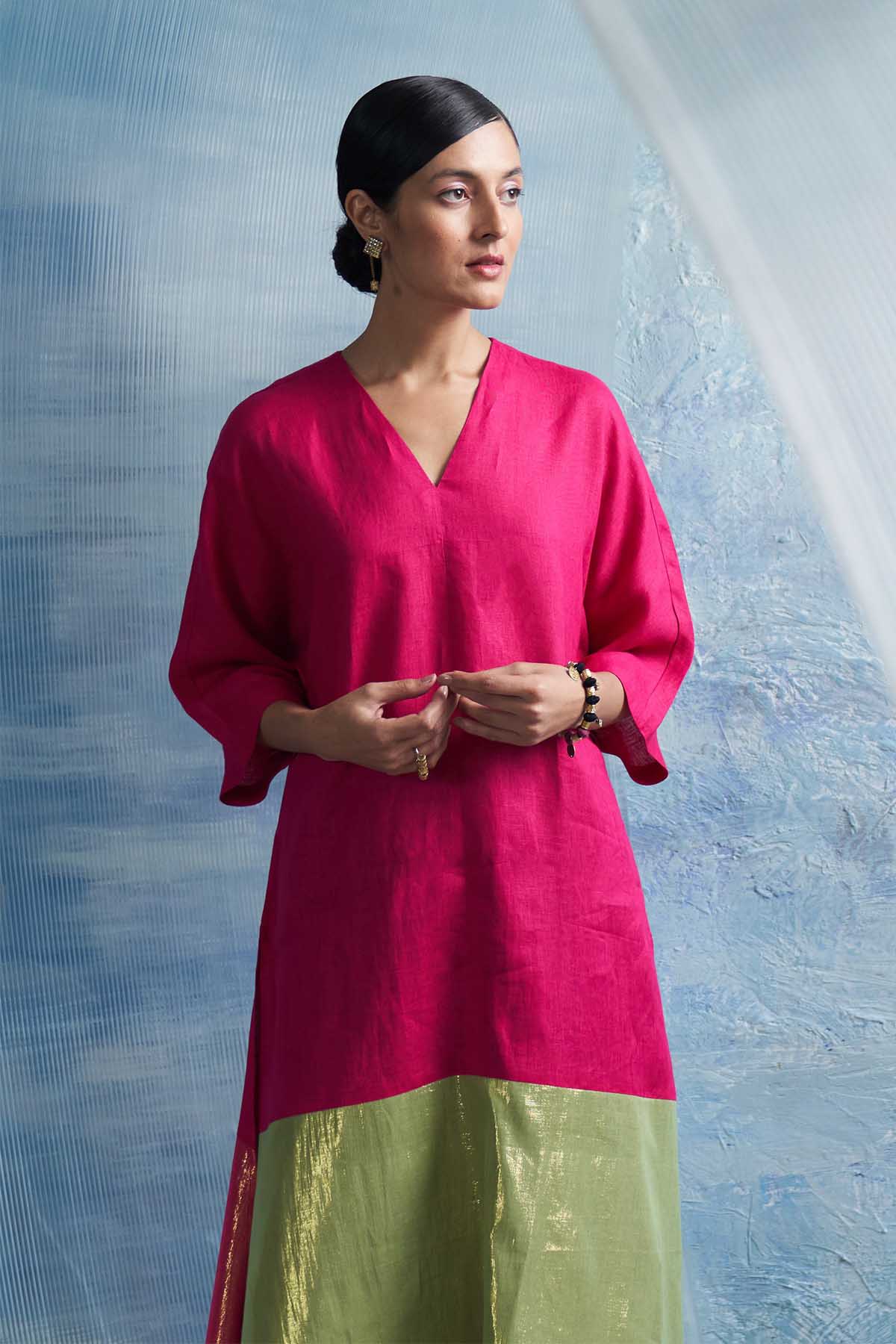 Pink & Green V-Neck Kurta Set
