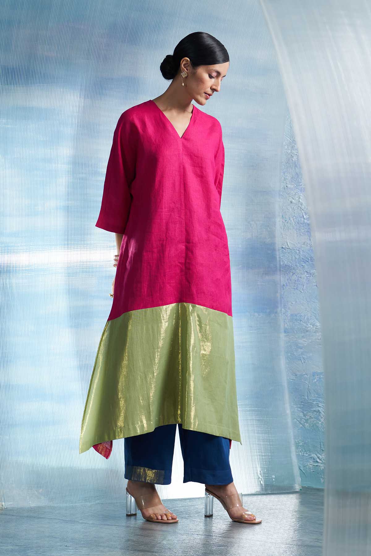 Pink & Green V-Neck Kurta Set