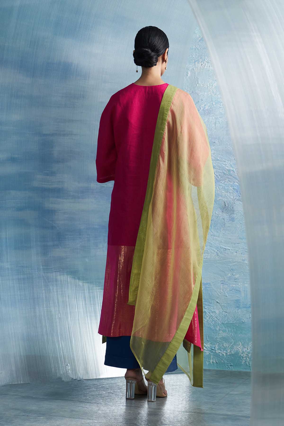 Pink & Green V-Neck Kurta Set