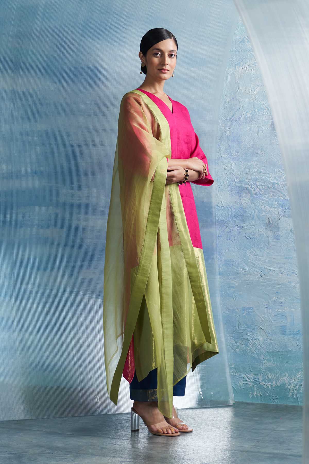 Pink & Green V-Neck Kurta Set