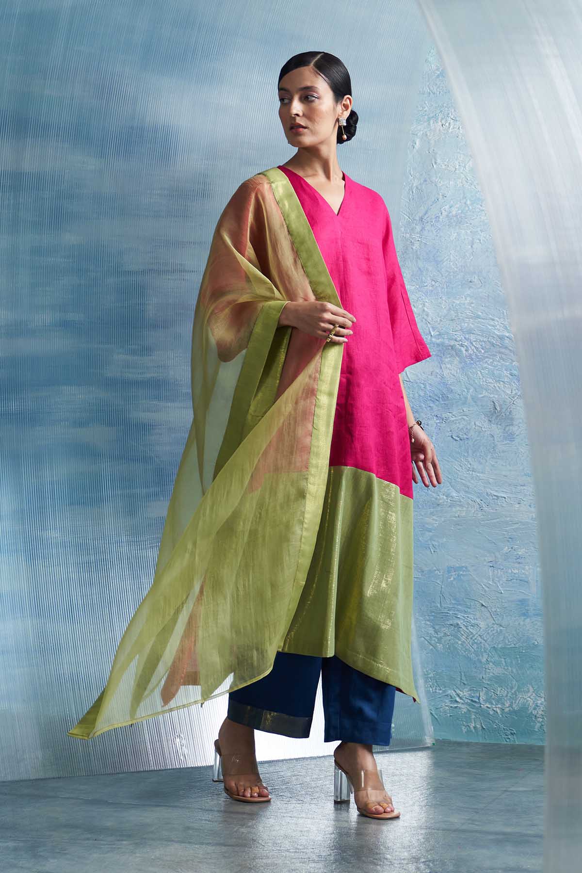 Buy Pink & Green V-Neck Kurta Set by Charkhee for women online at ScrollnShops