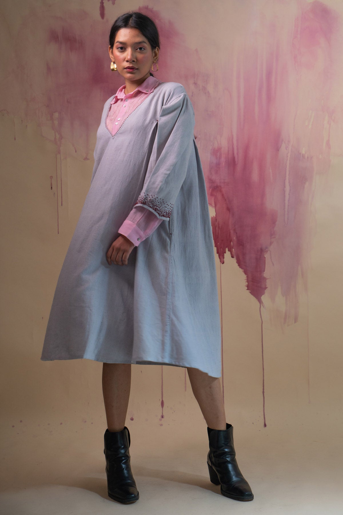 Pink & Grey Cotton Layered Dress