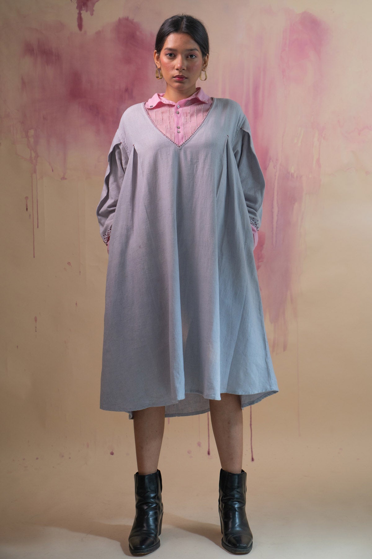 Buy Designer Pink & Grey Cotton Layered Dress By Lafaani