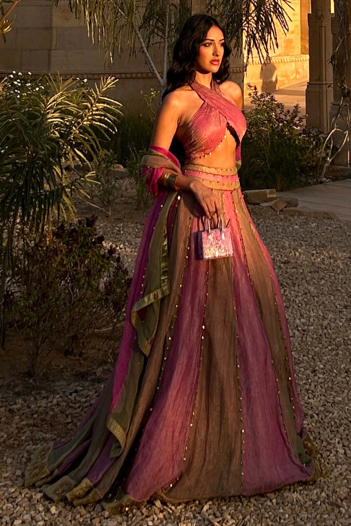 Buy ITRH, Designer Pink Halter Neck Lehenga Set Online