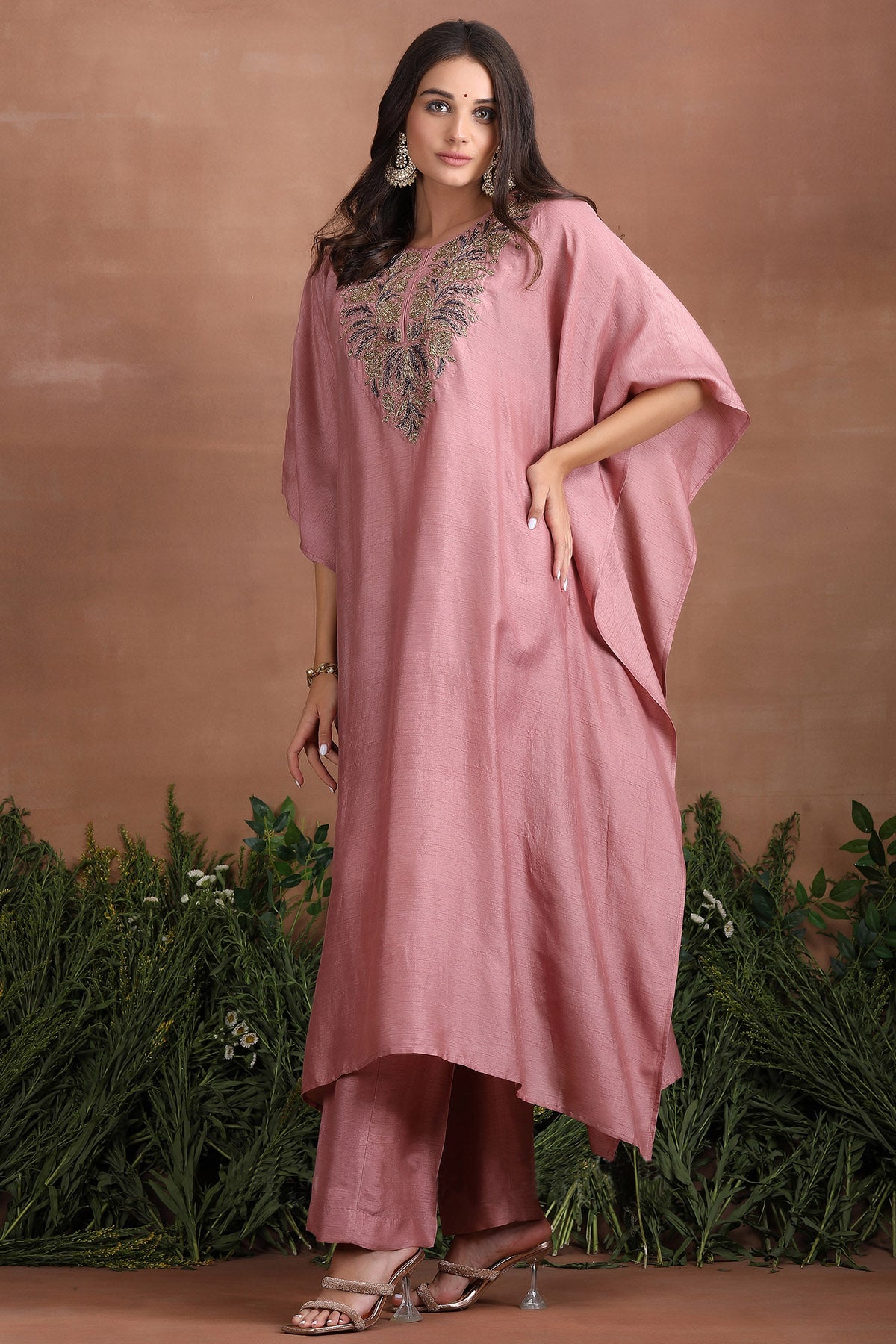 Pink Hand Embroidered Kaftan Set