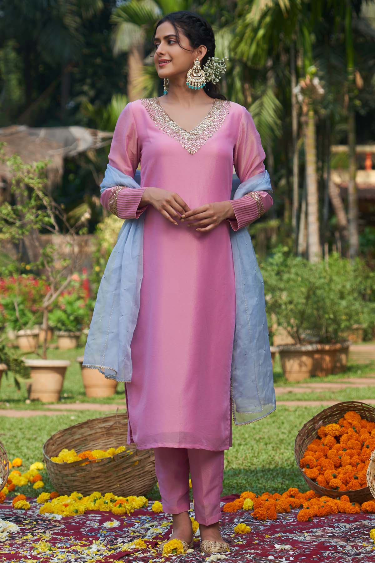 Megha Pitti Pink Hand Embroidered Kurta Set for women online at ScrollnShops