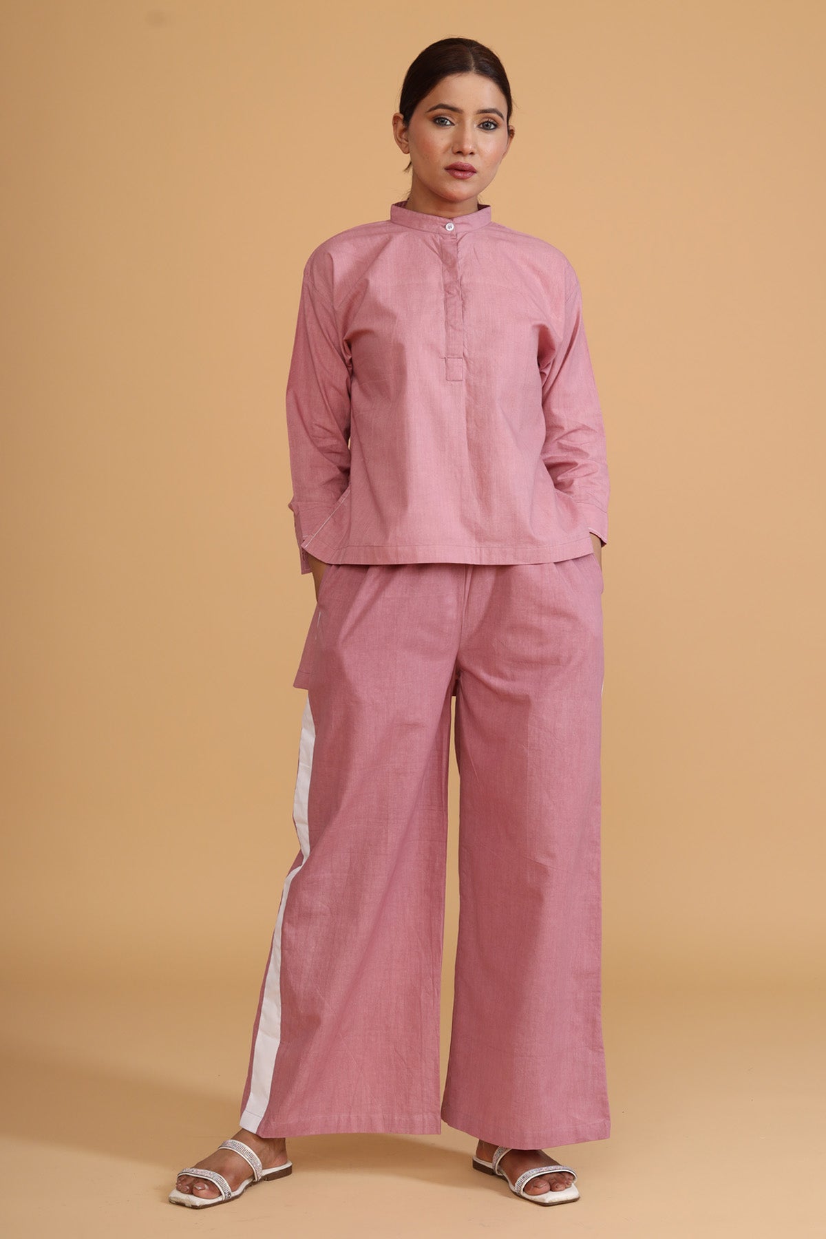 Pink Hand Painted Cotton Poplin Co-ord Set: Chic Comfort at ScrollnShops