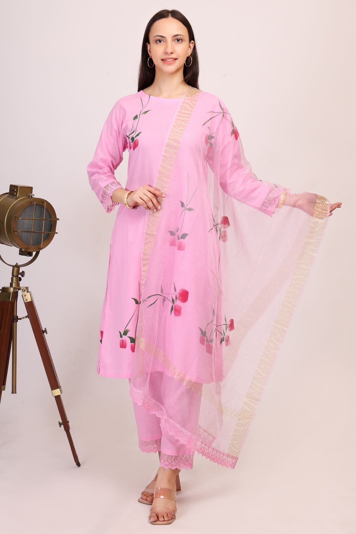 Simply Kitsch Pink Cotton Painted Kurta Set for women online at ScrollnShops