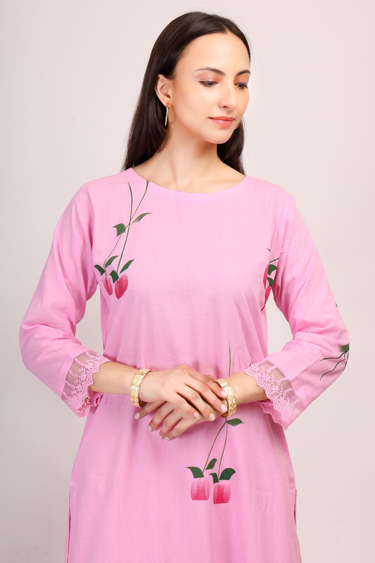 Pink Cotton Painted Kurta Set