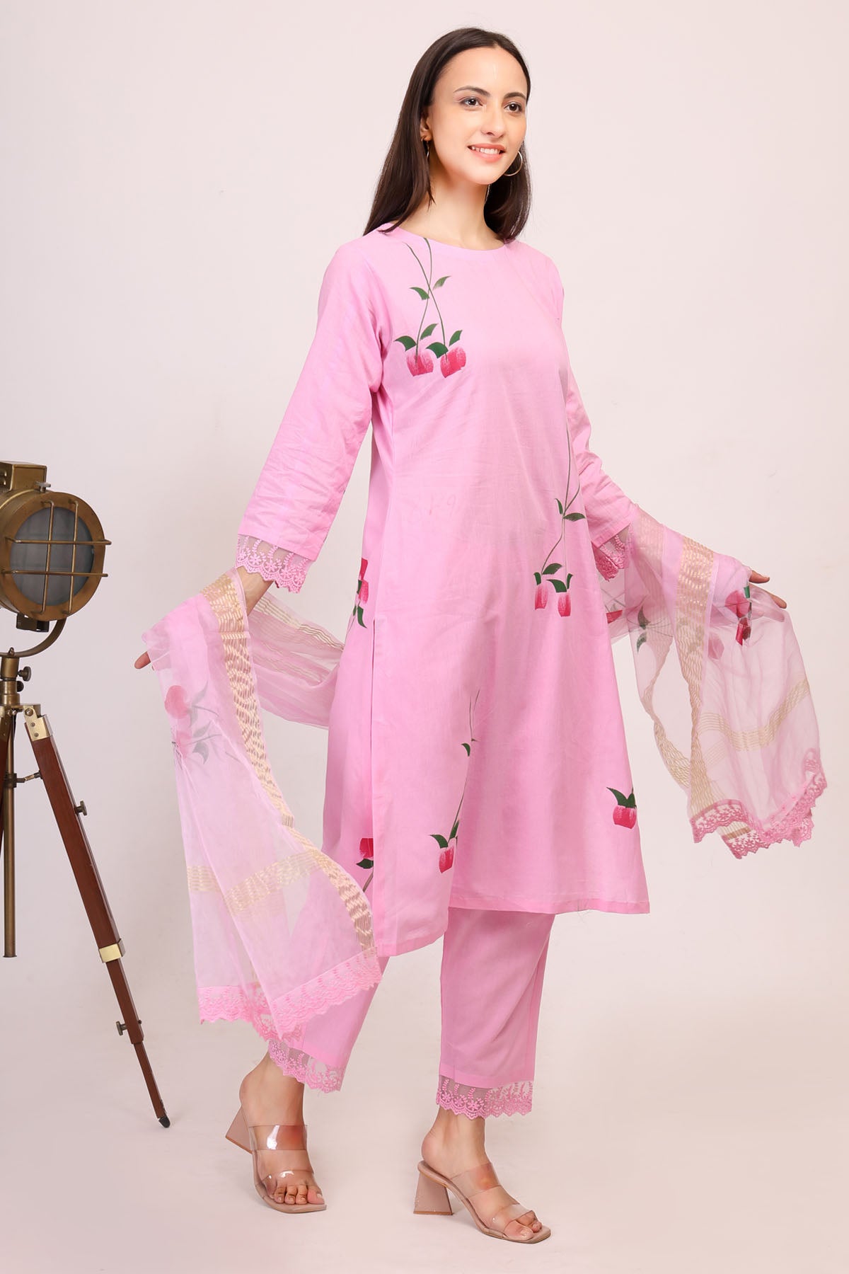 Pink Cotton Painted Kurta Set