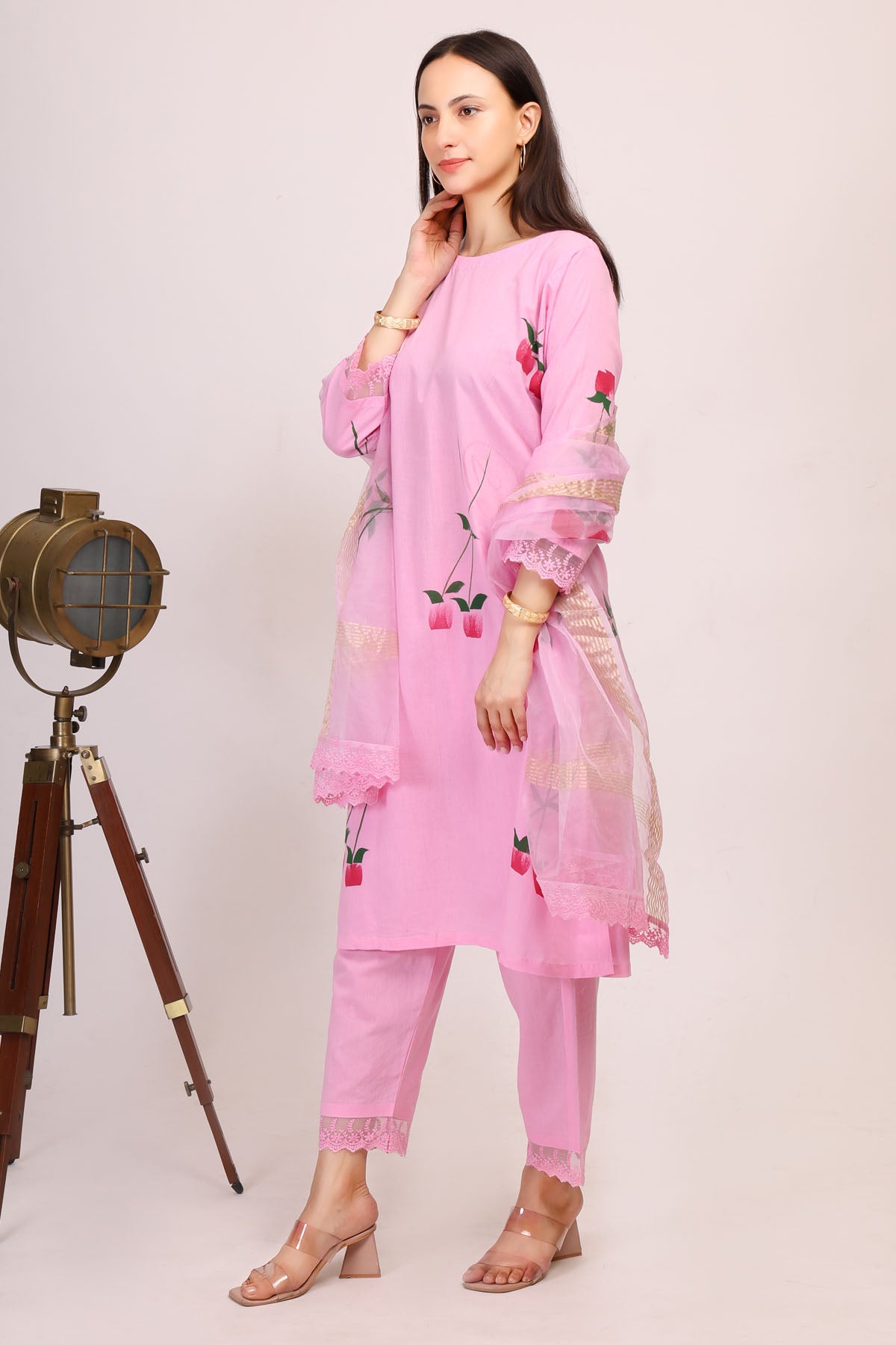 Pink Cotton Painted Kurta Set