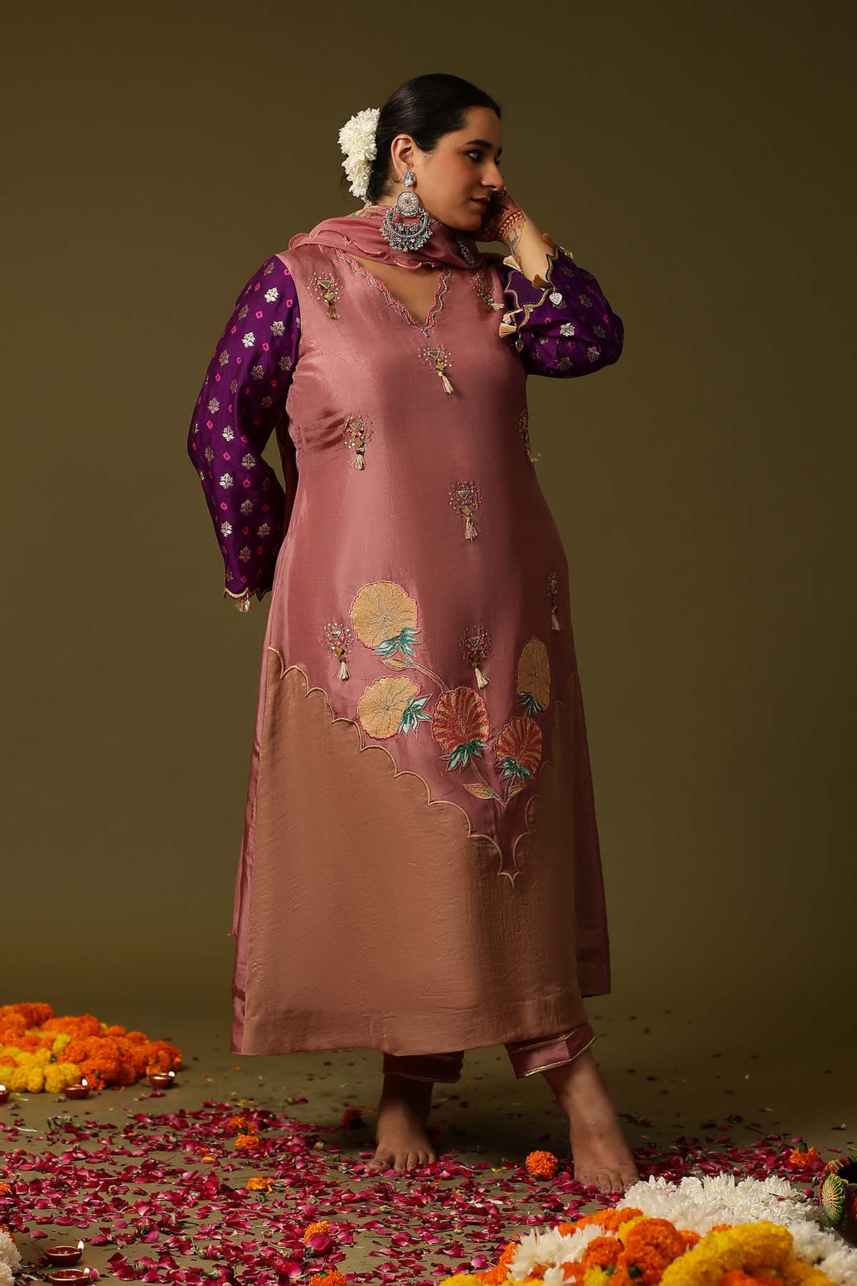 Pink Hand Print Long Kurta Set