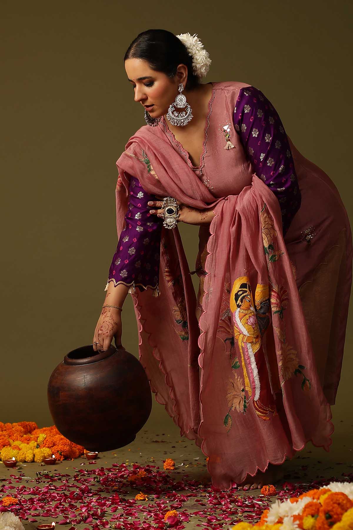 Pink Hand Print Long Kurta Set