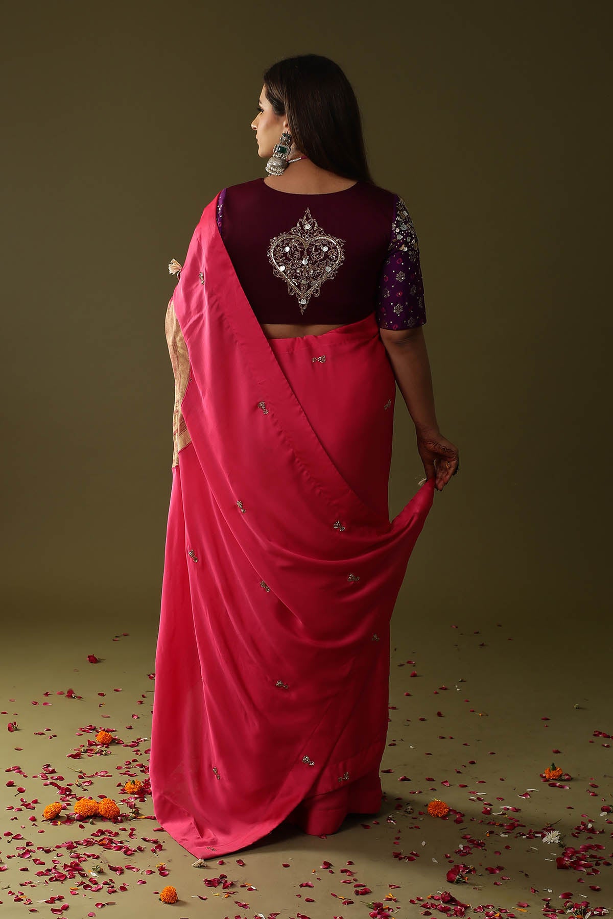 Pink Hand Print Pre-Draped Saree