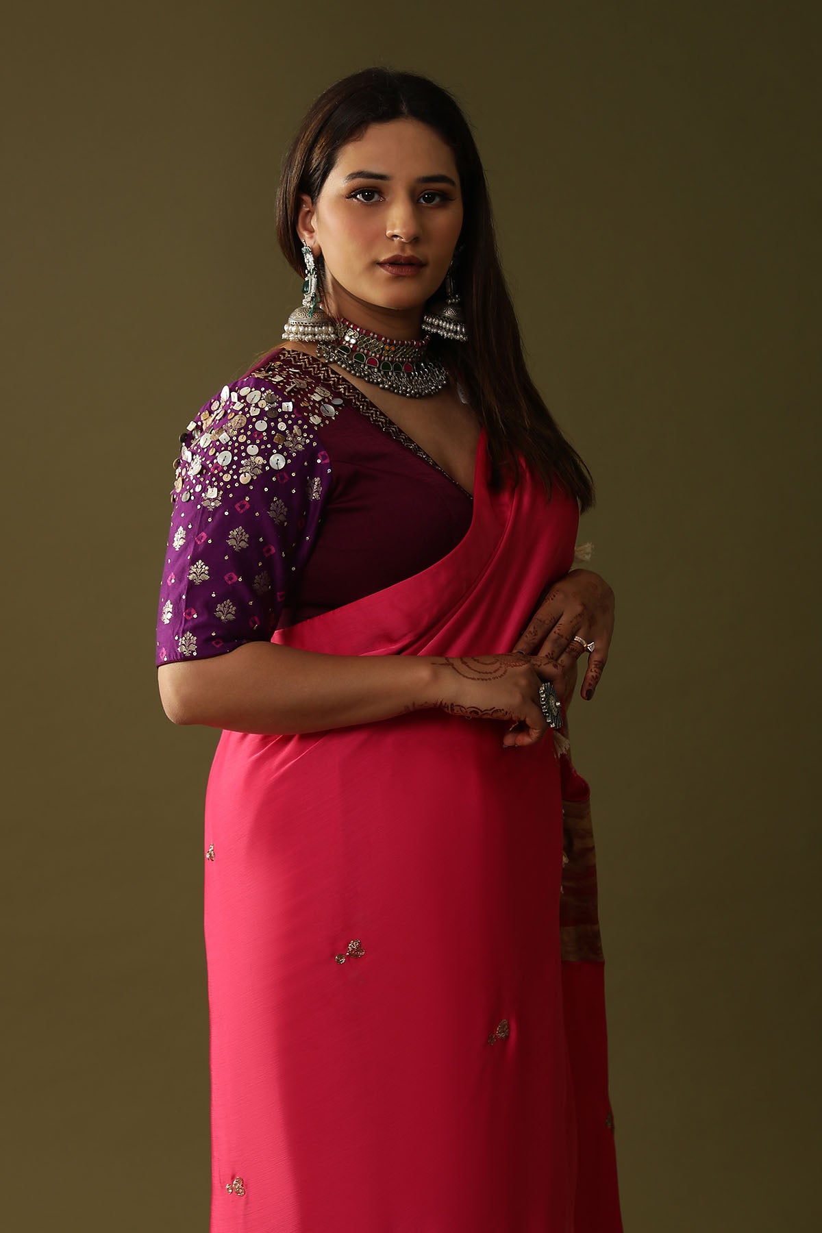 Pink Hand Print Pre-Draped Saree