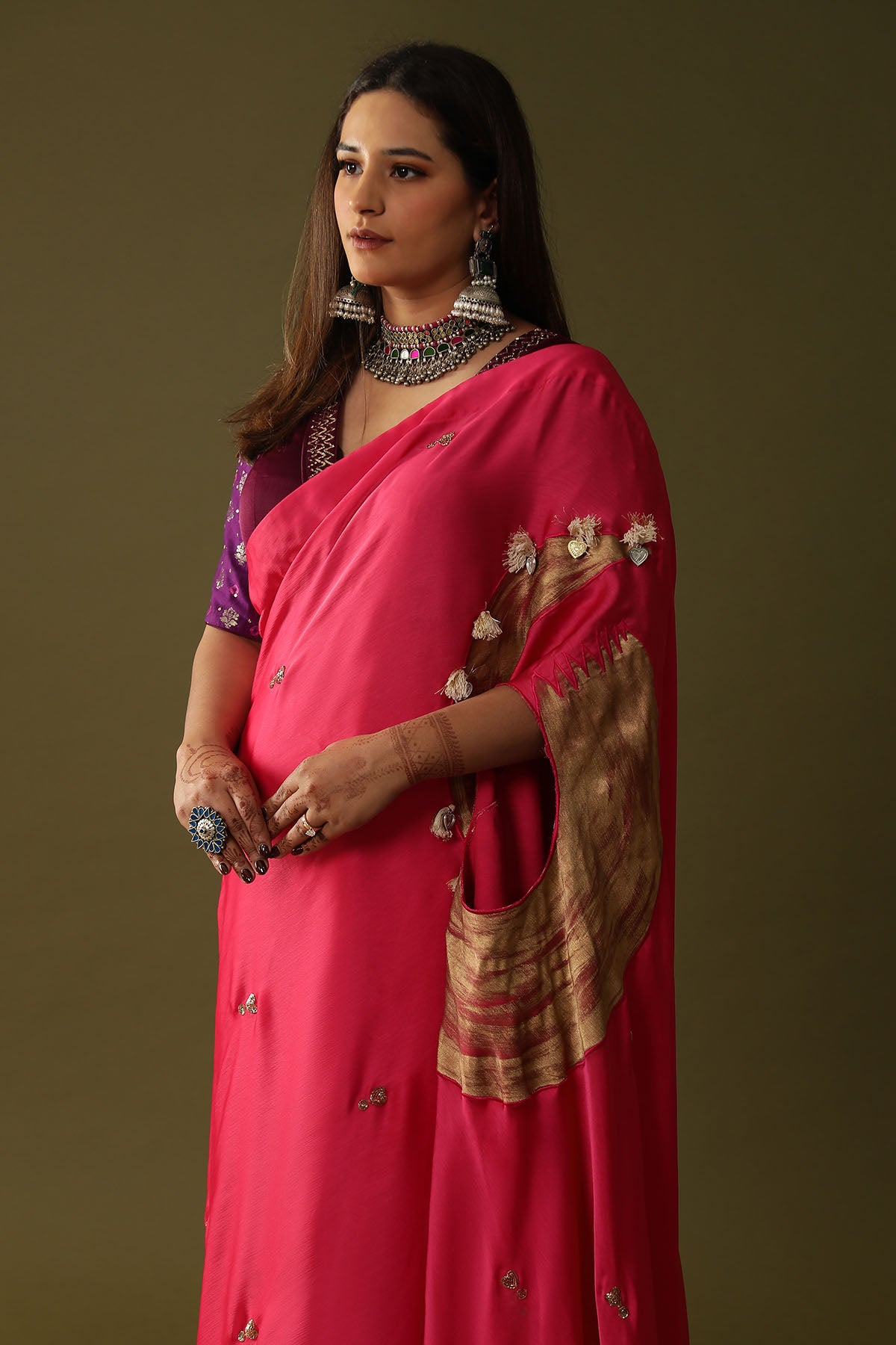 Pink Hand Print Pre-Draped Saree