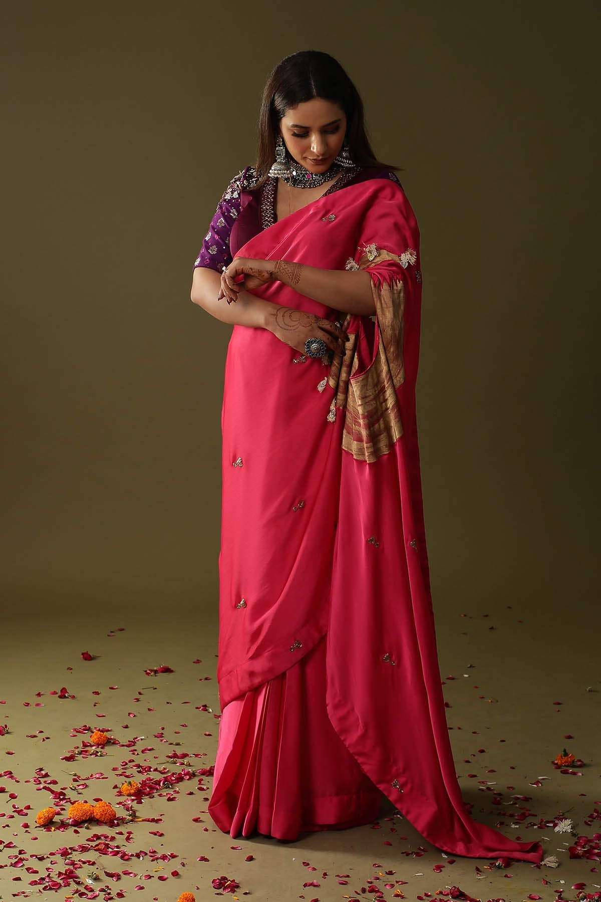 Buy Pink Hand Print Pre-Draped Saree by Arpita Sulakshana for women online at ScrollnShops