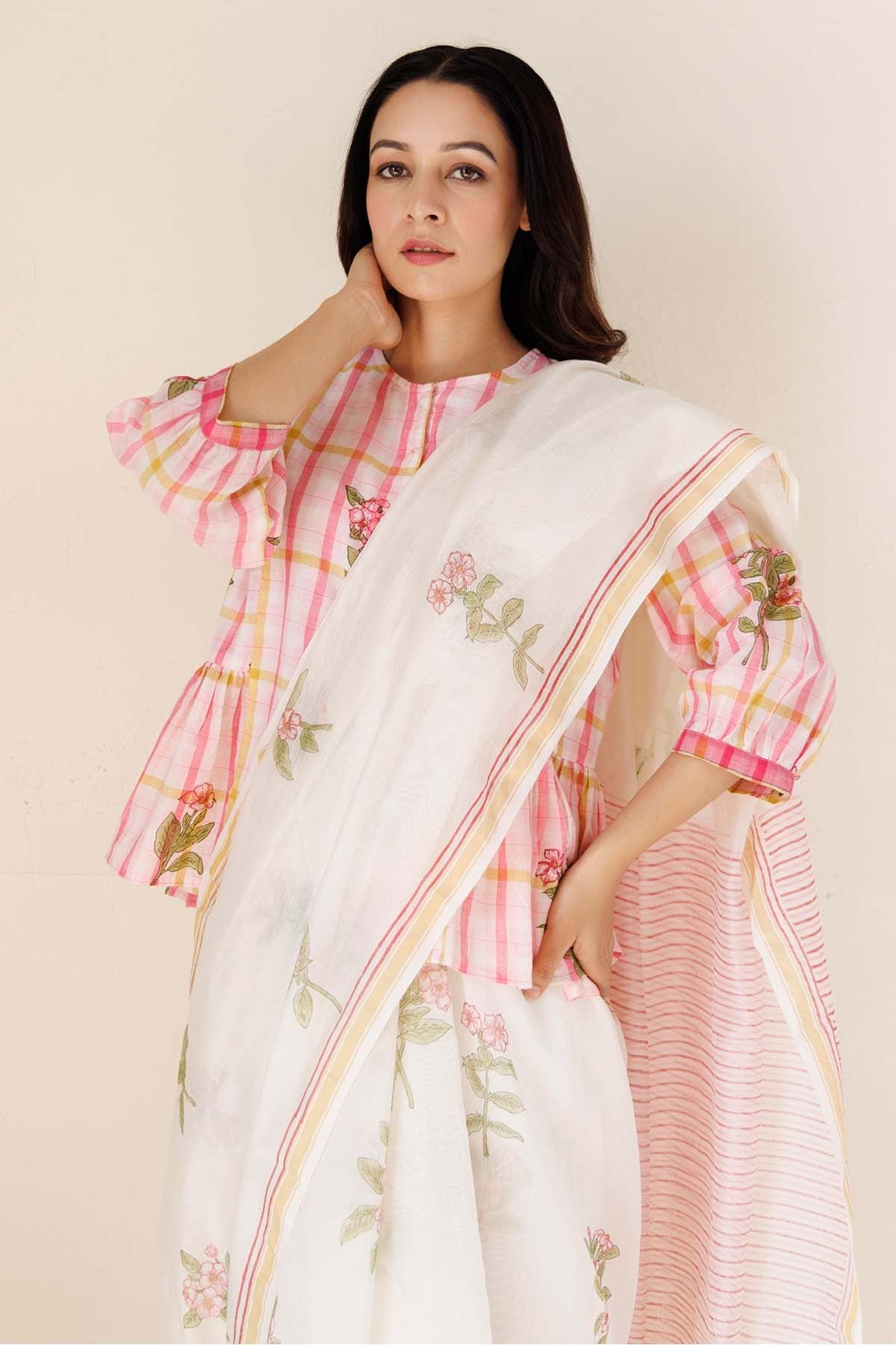 Buy Designer Pink Handblock Print Frill Top for Women