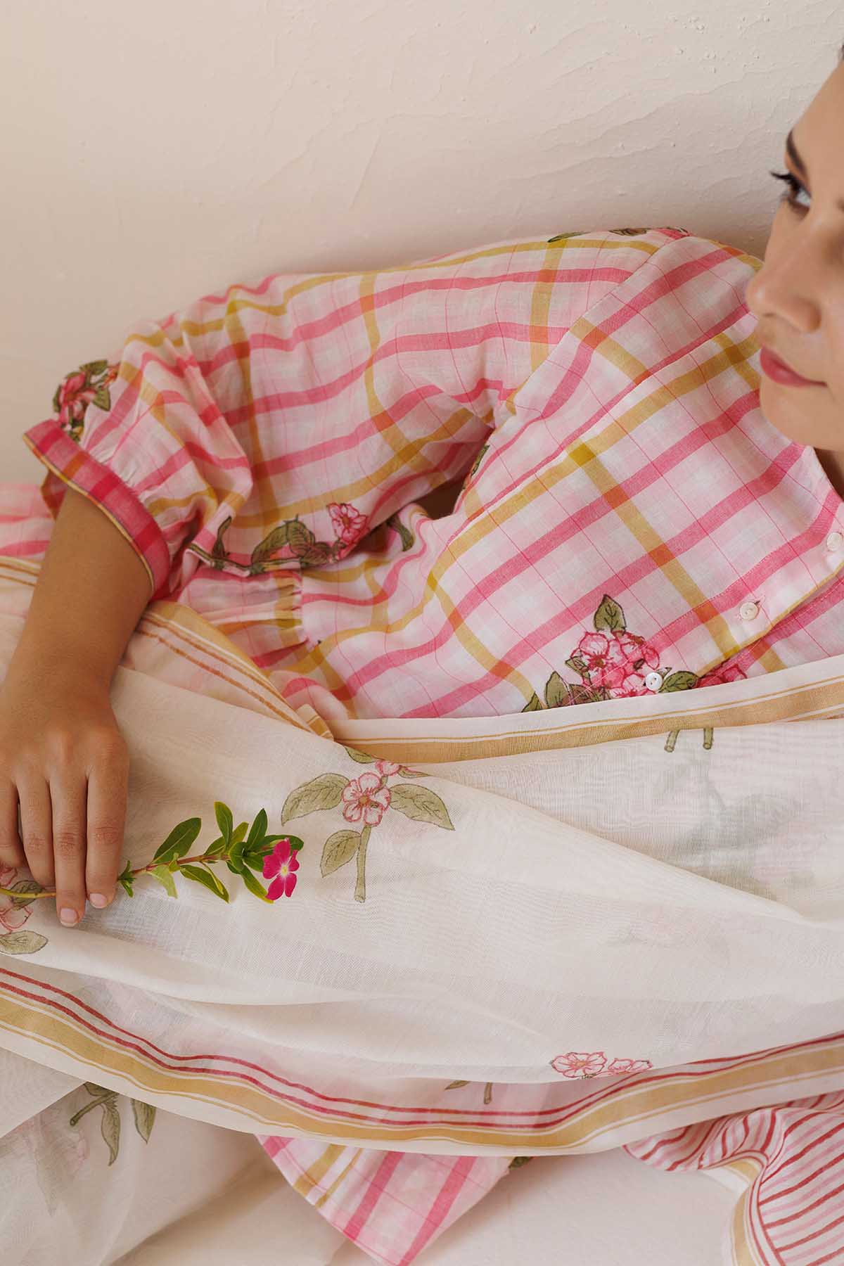 Pink Handblock Print Frill Top
