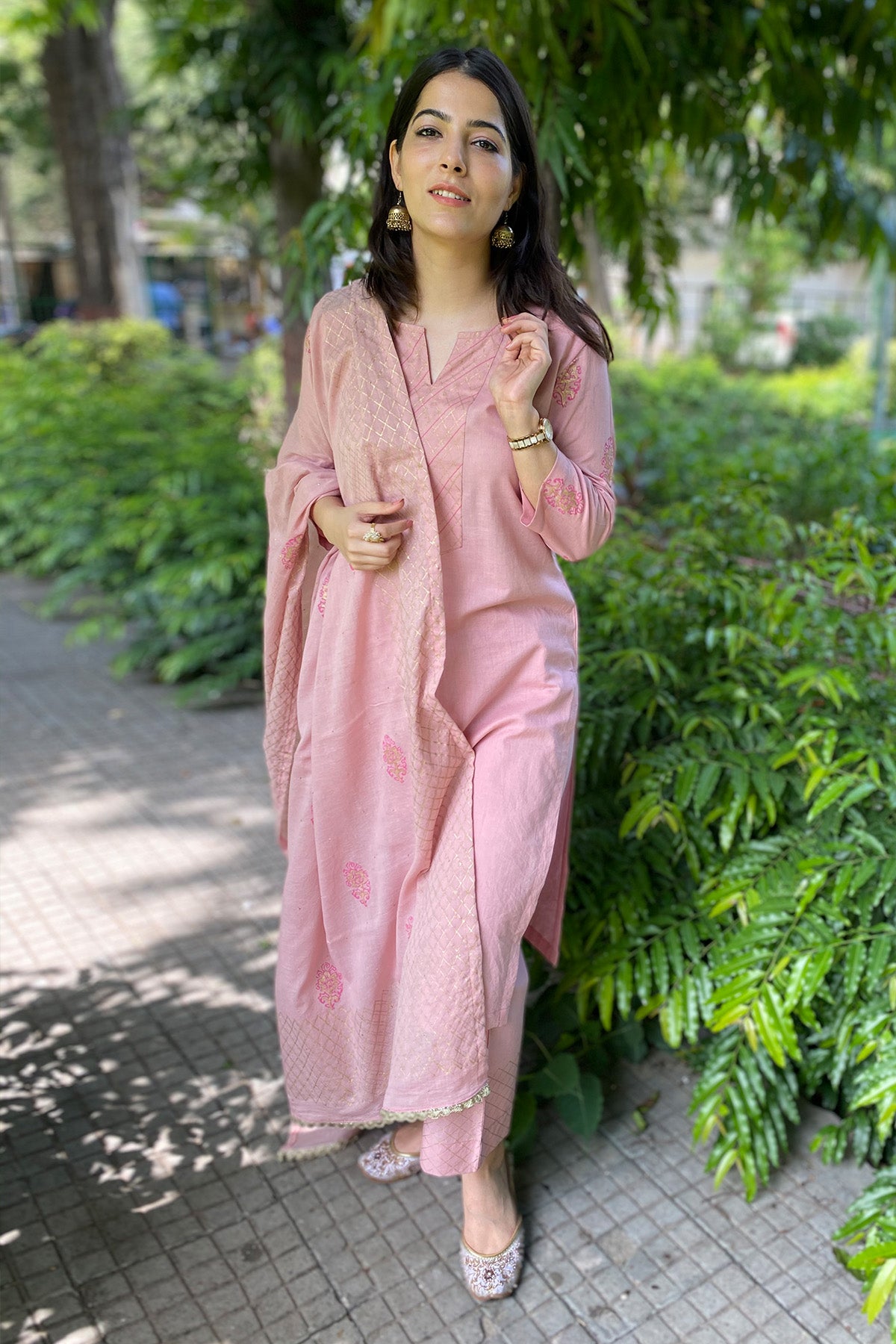 Pink Handblock Print Kurta Set