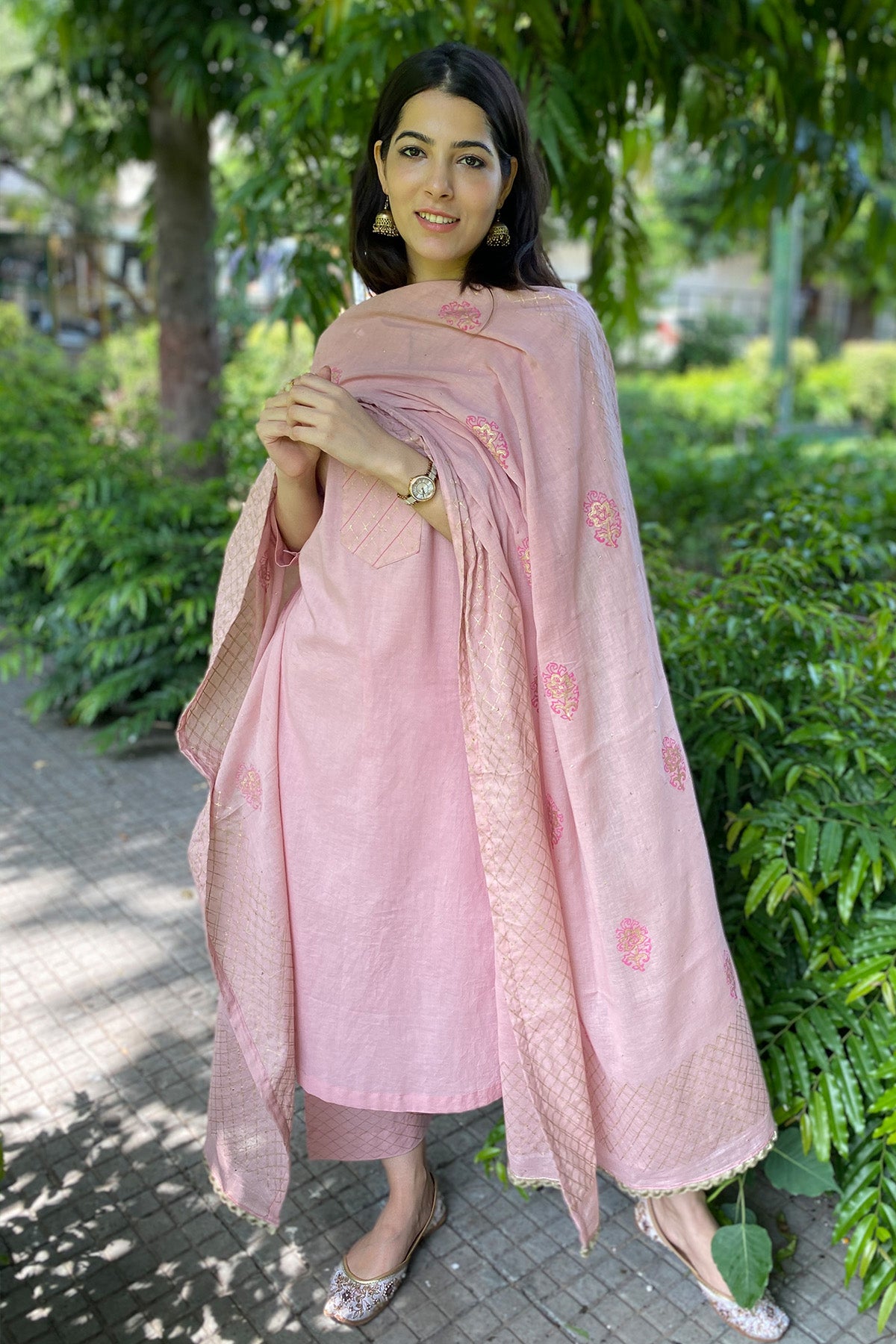 Pink Handblock Print Kurta Set