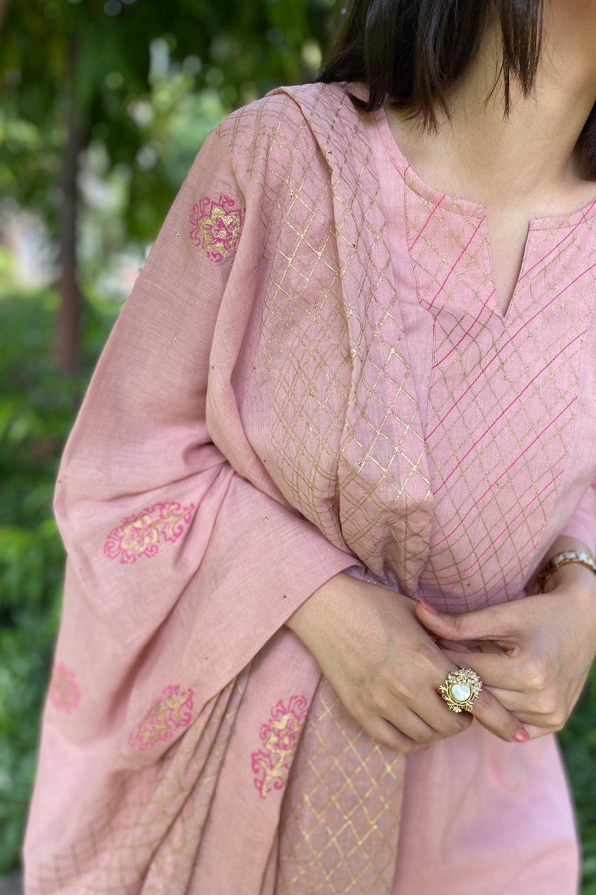 Pink Handblock Print Kurta Set