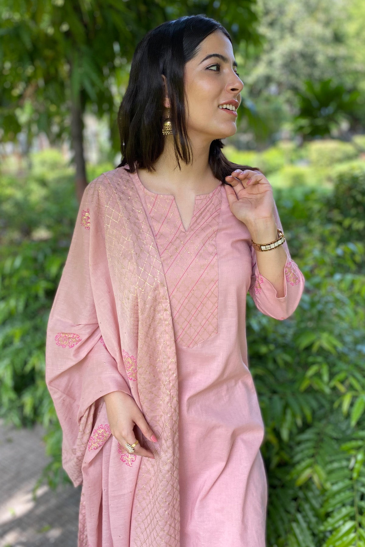 Pink Handblock Print Kurta Set