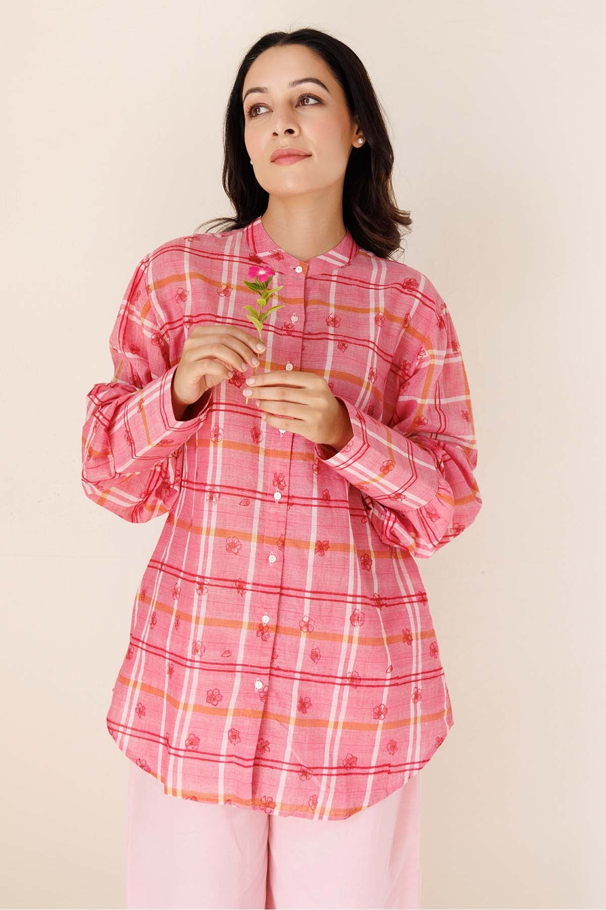 Buy Pink Handblock Printed Shirt by Label Surabhi Raj for women online at ScrollnShops