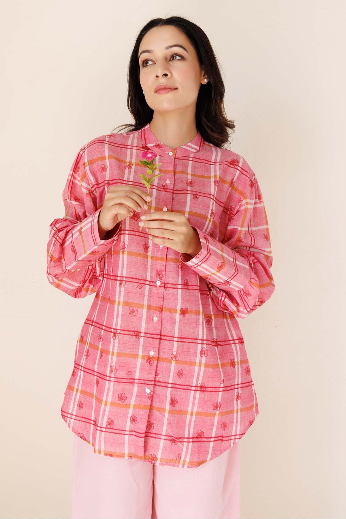 Buy Designer Pink Handblock Printed Shirt for Women