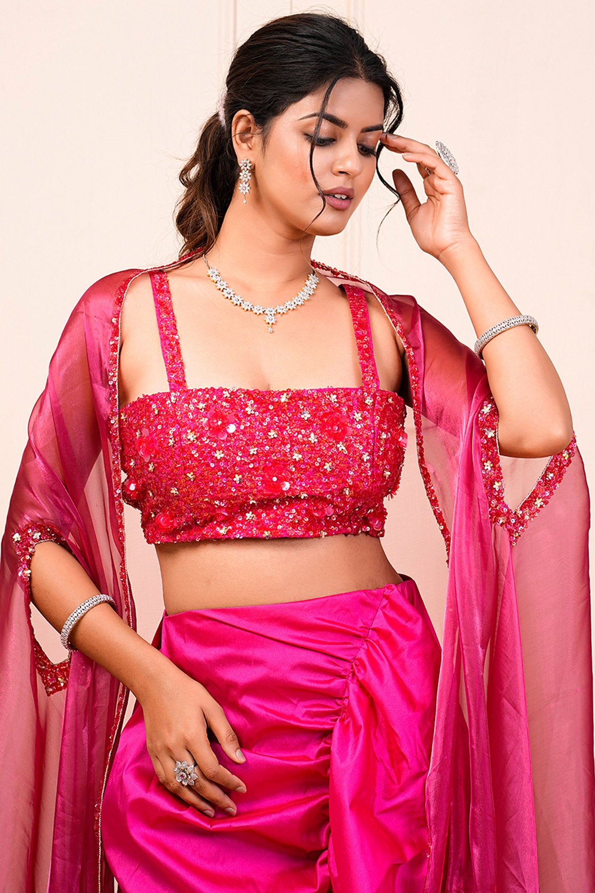 Pink Heavy Embroidered Skirt Set