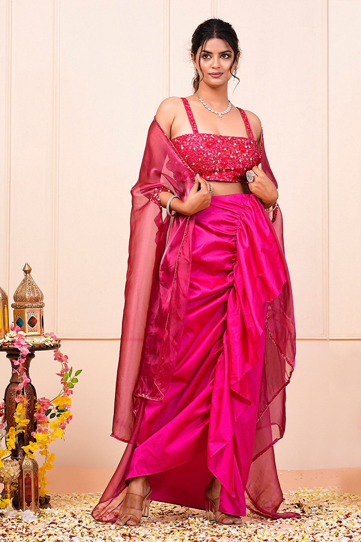 Pink Heavy Embroidered Skirt Set