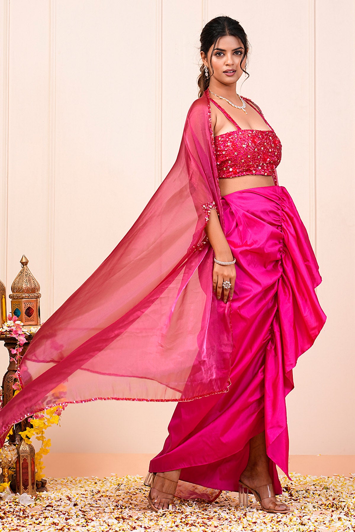 Pink Heavy Embroidered Skirt Set