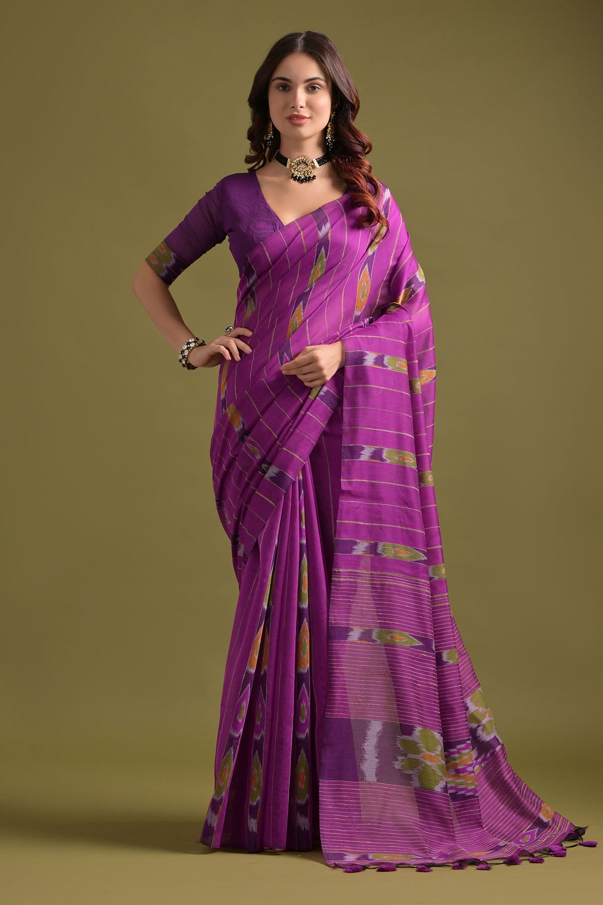 Buy Pink Ikkat Cotton Printed Saree by Lili Lala for women online at ScrollnShops