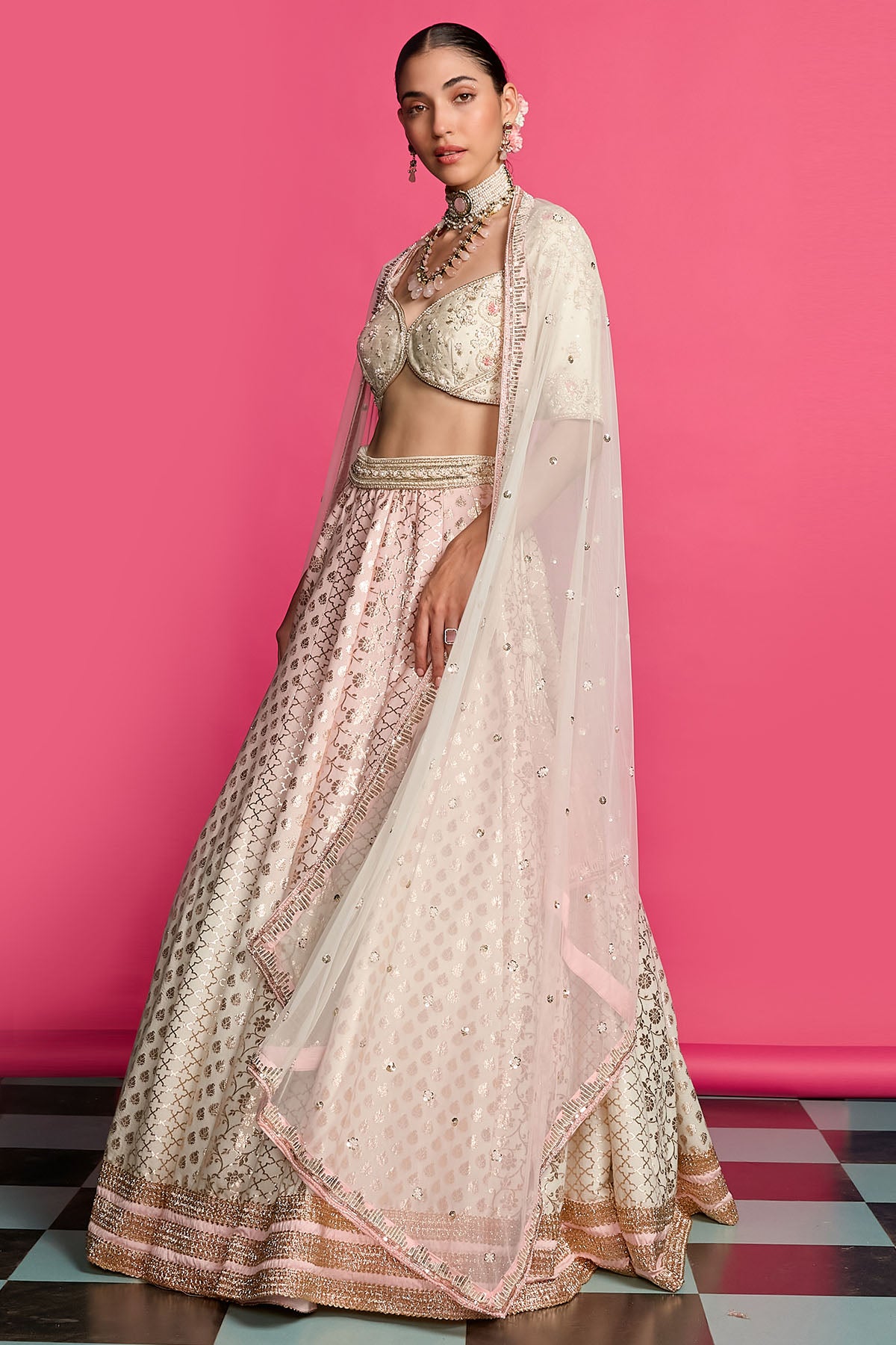Pink & Ivory Dyed Lehenga Set