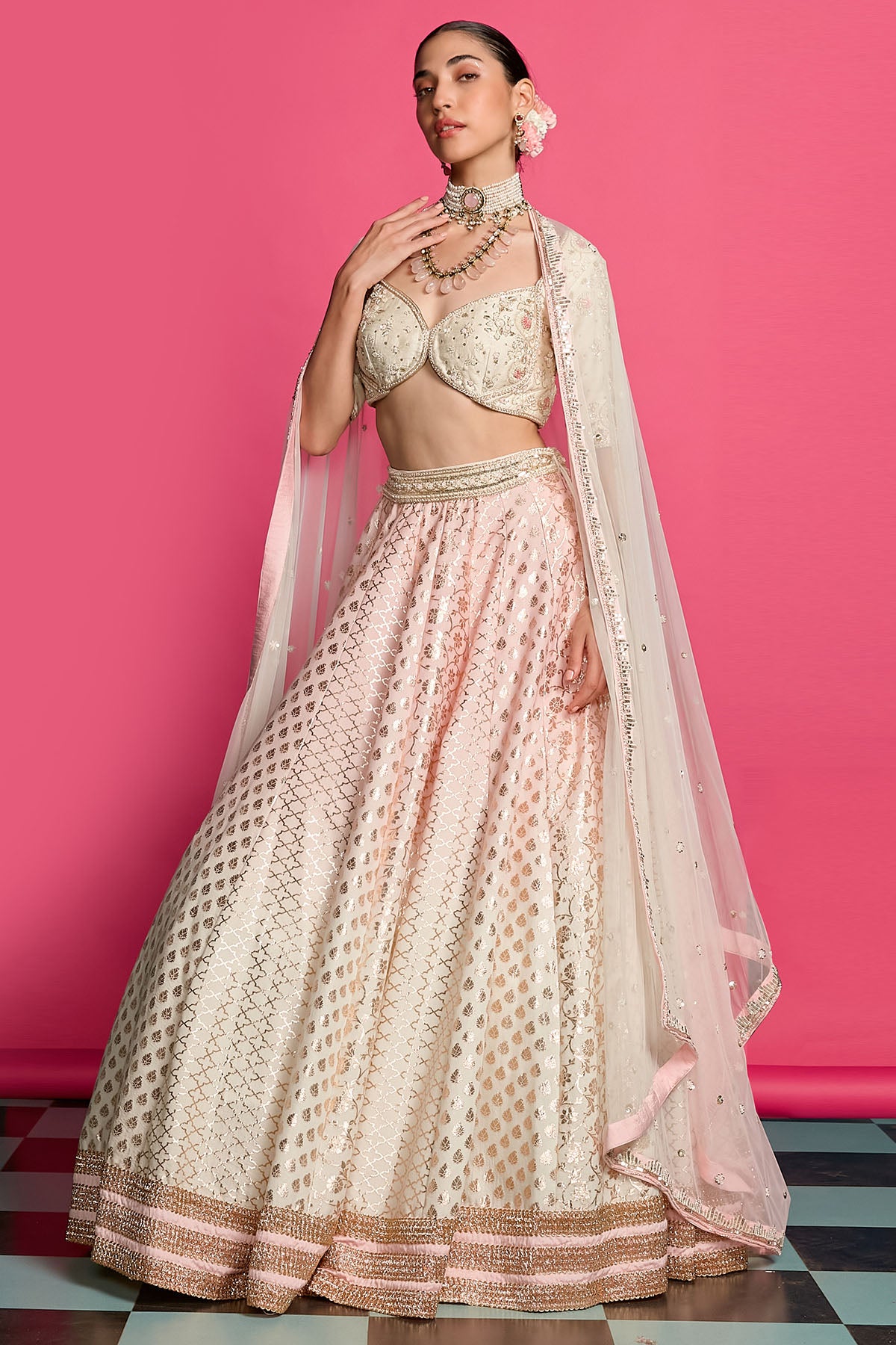 Pink & Ivory Dyed Lehenga Set