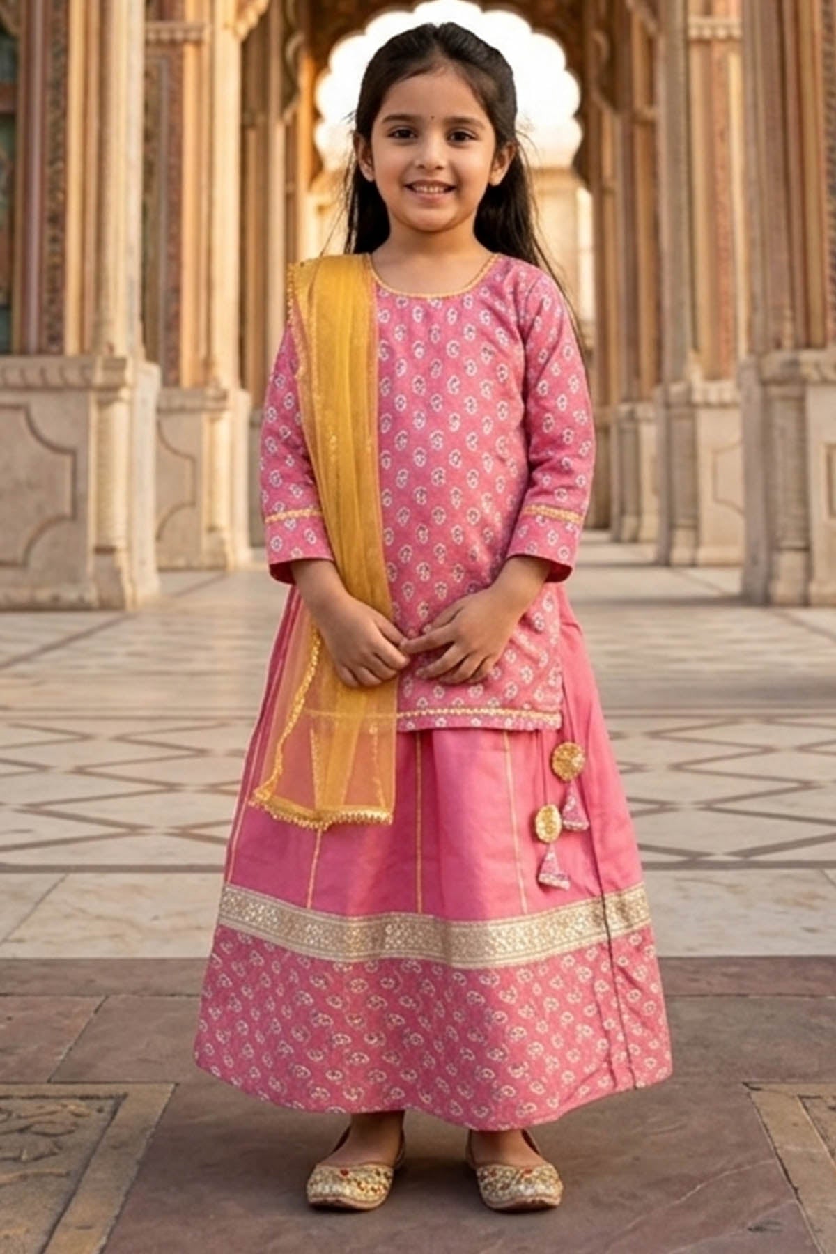 Buy Pink Kalidaar Print Lehenga Set for Kid by ViYa online available at scrollnshops